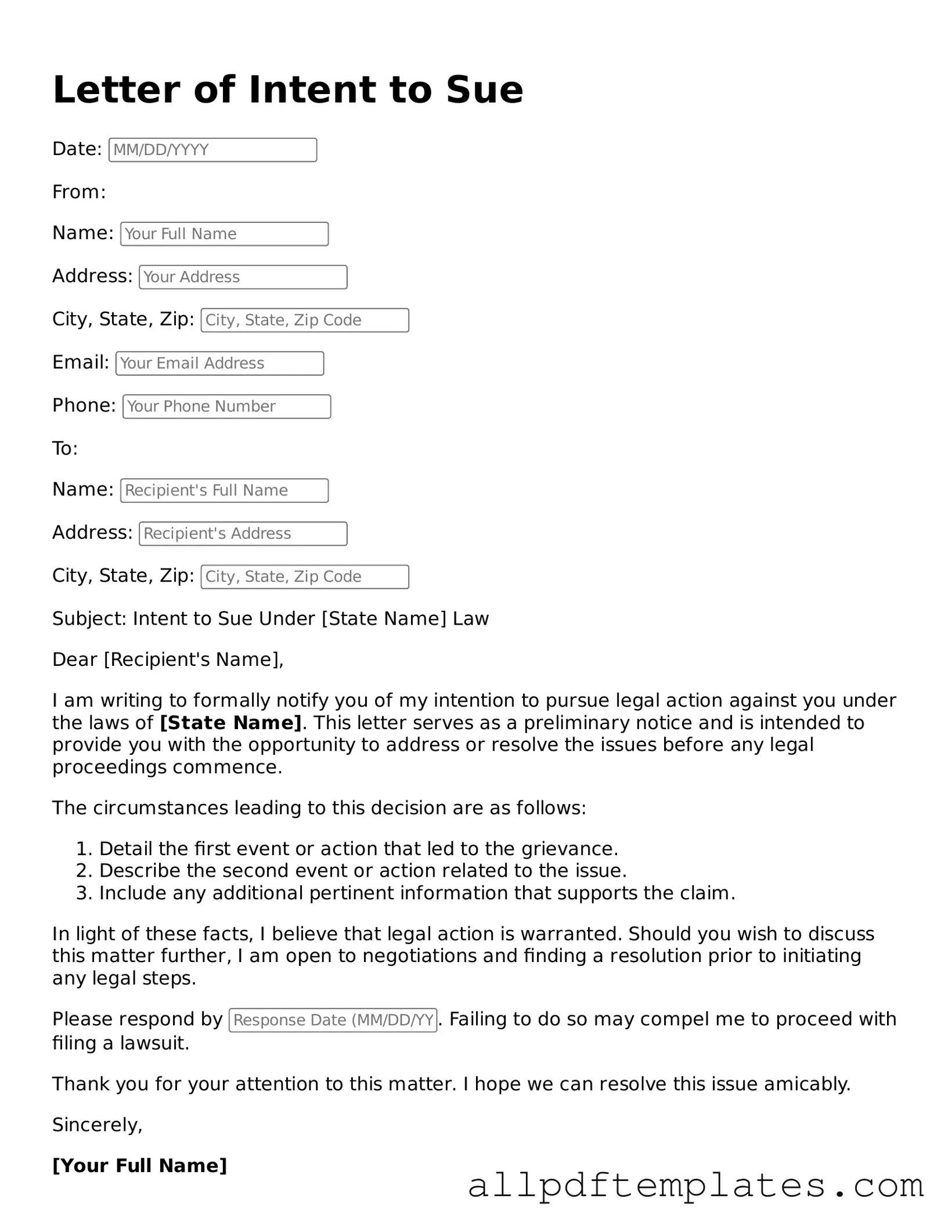 Free Letter of Intent to Sue Template