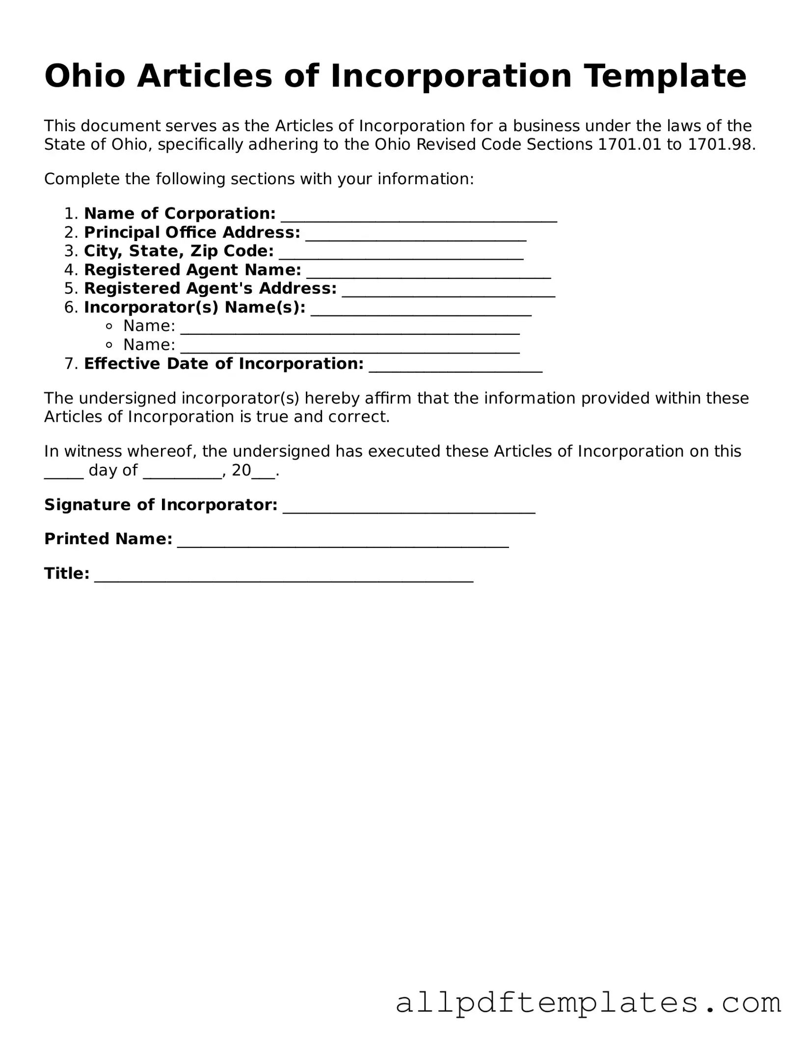 Blank Articles of Incorporation Document for Ohio State