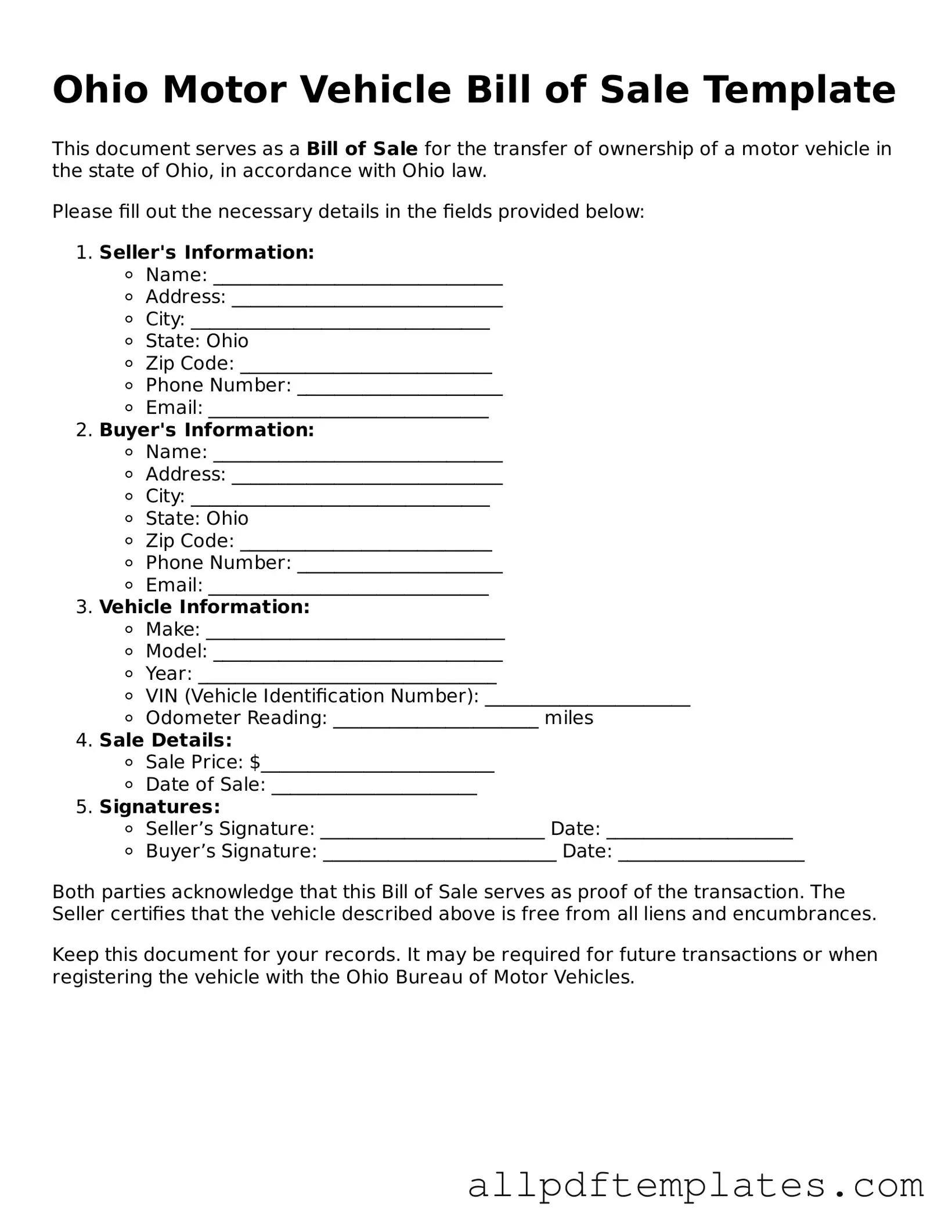 Blank Motor Vehicle Bill of Sale Document for Ohio State