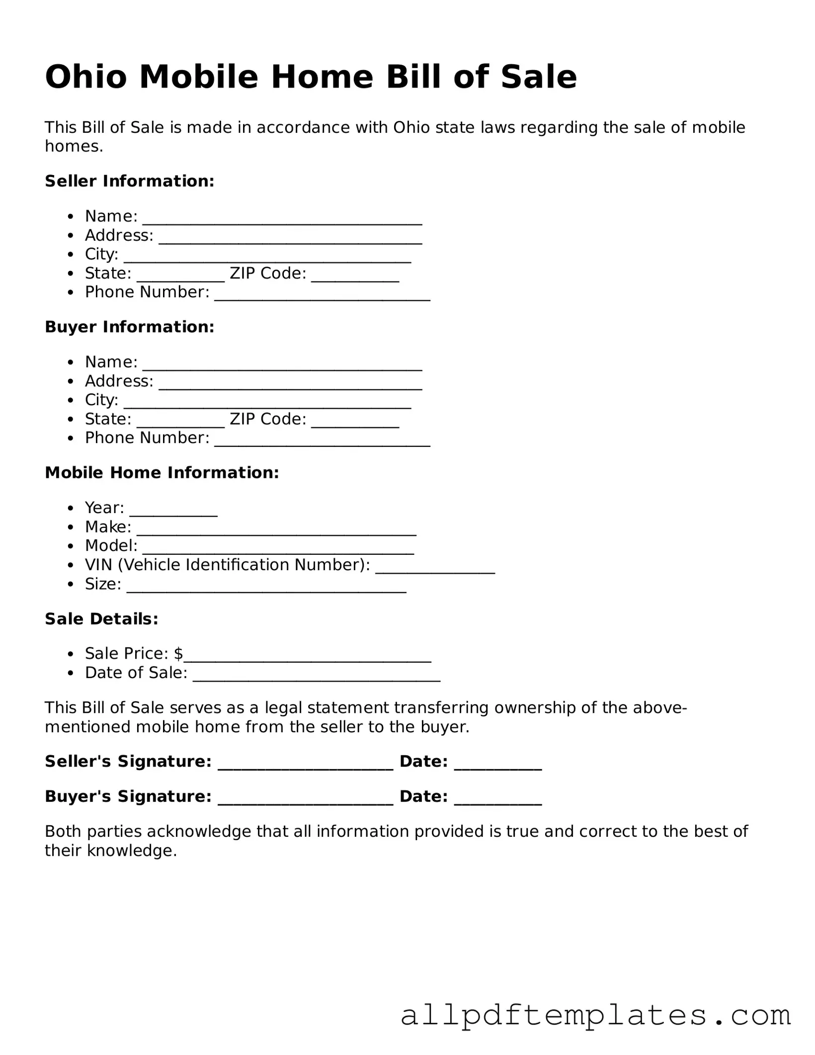 Blank Mobile Home Bill of Sale Document for Ohio State