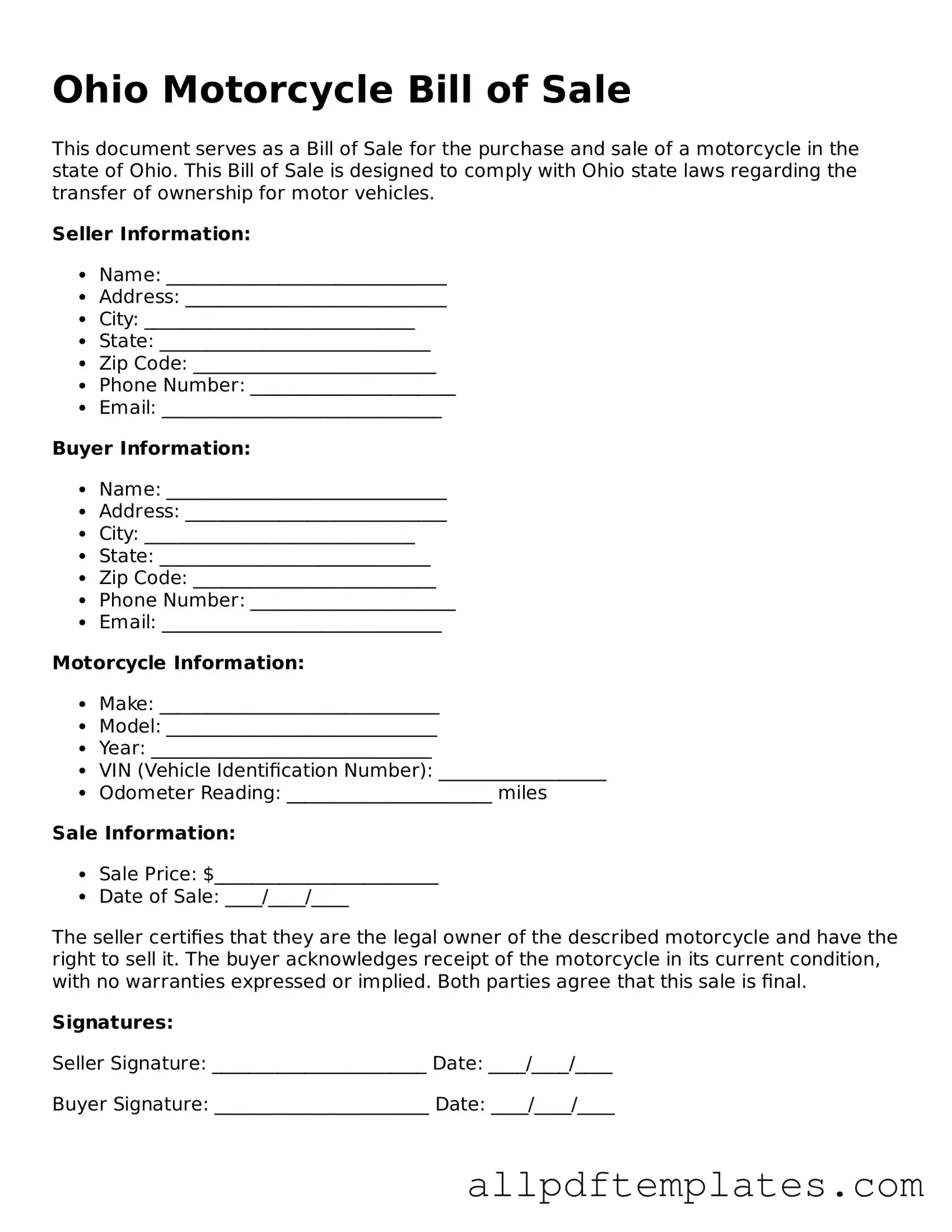 Blank Motorcycle Bill of Sale Document for Ohio State