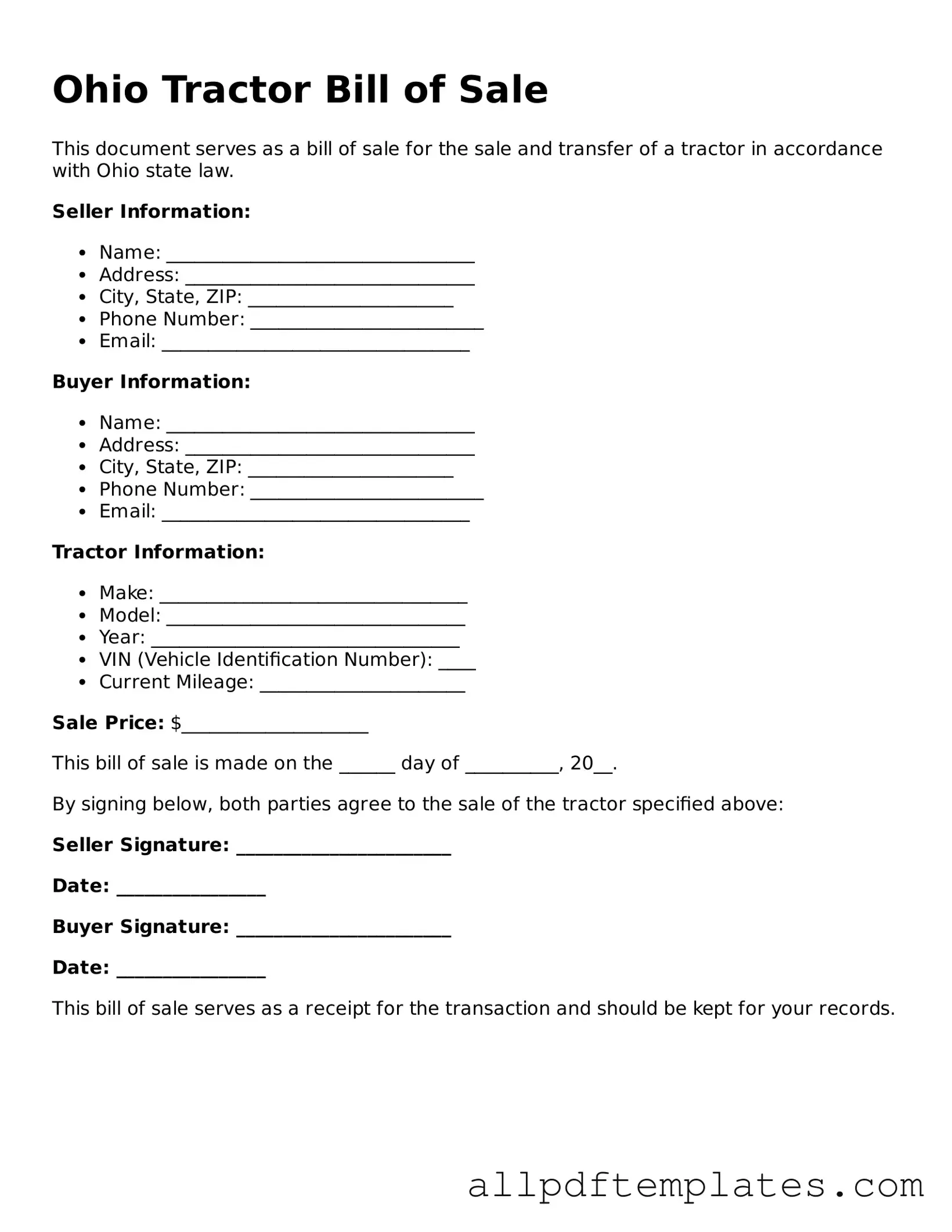 Blank Tractor Bill of Sale Document for Ohio State