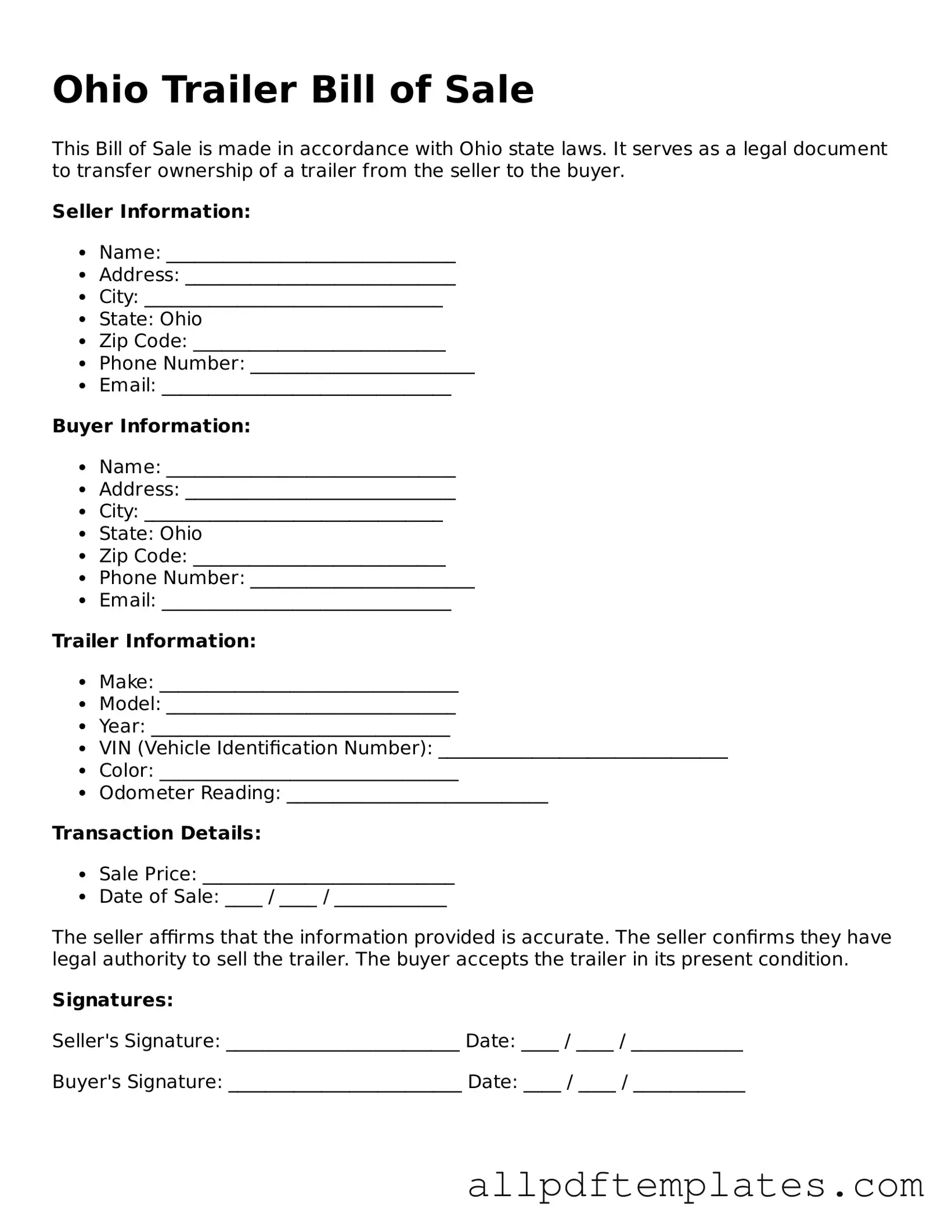 Blank Trailer Bill of Sale Document for Ohio State