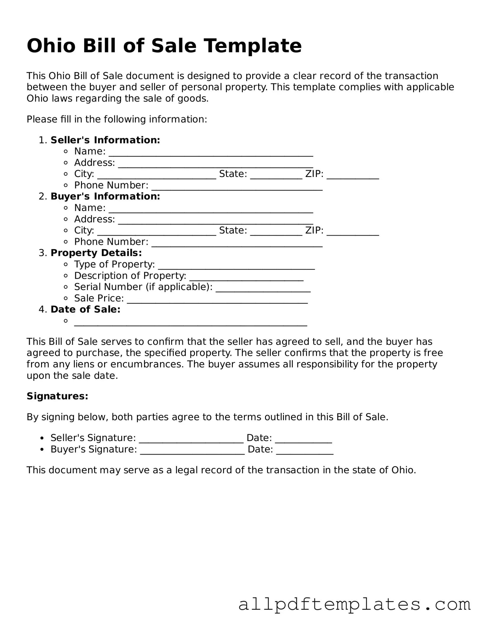 Blank Bill of Sale Document for Ohio State