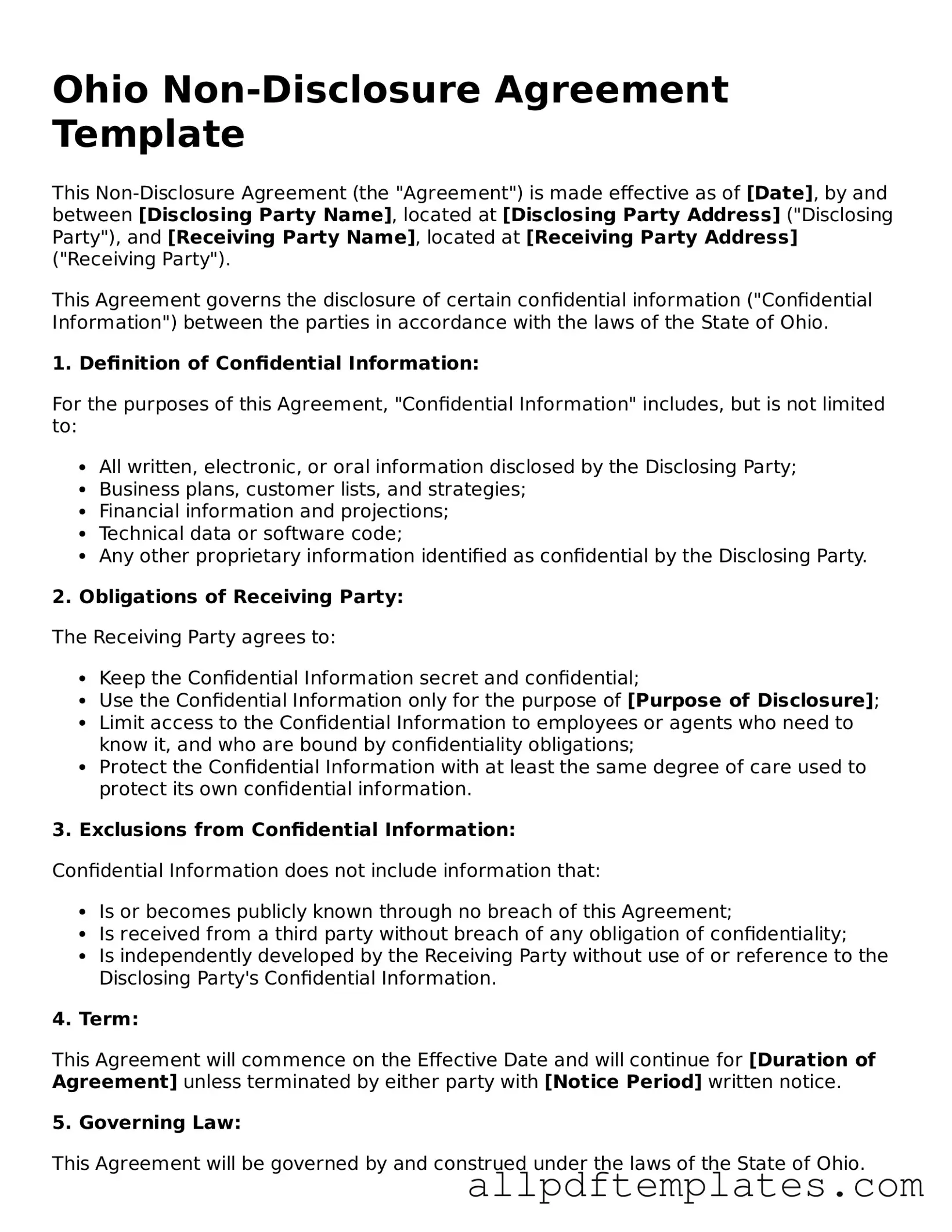 Blank Non-disclosure Agreement Document for Ohio State