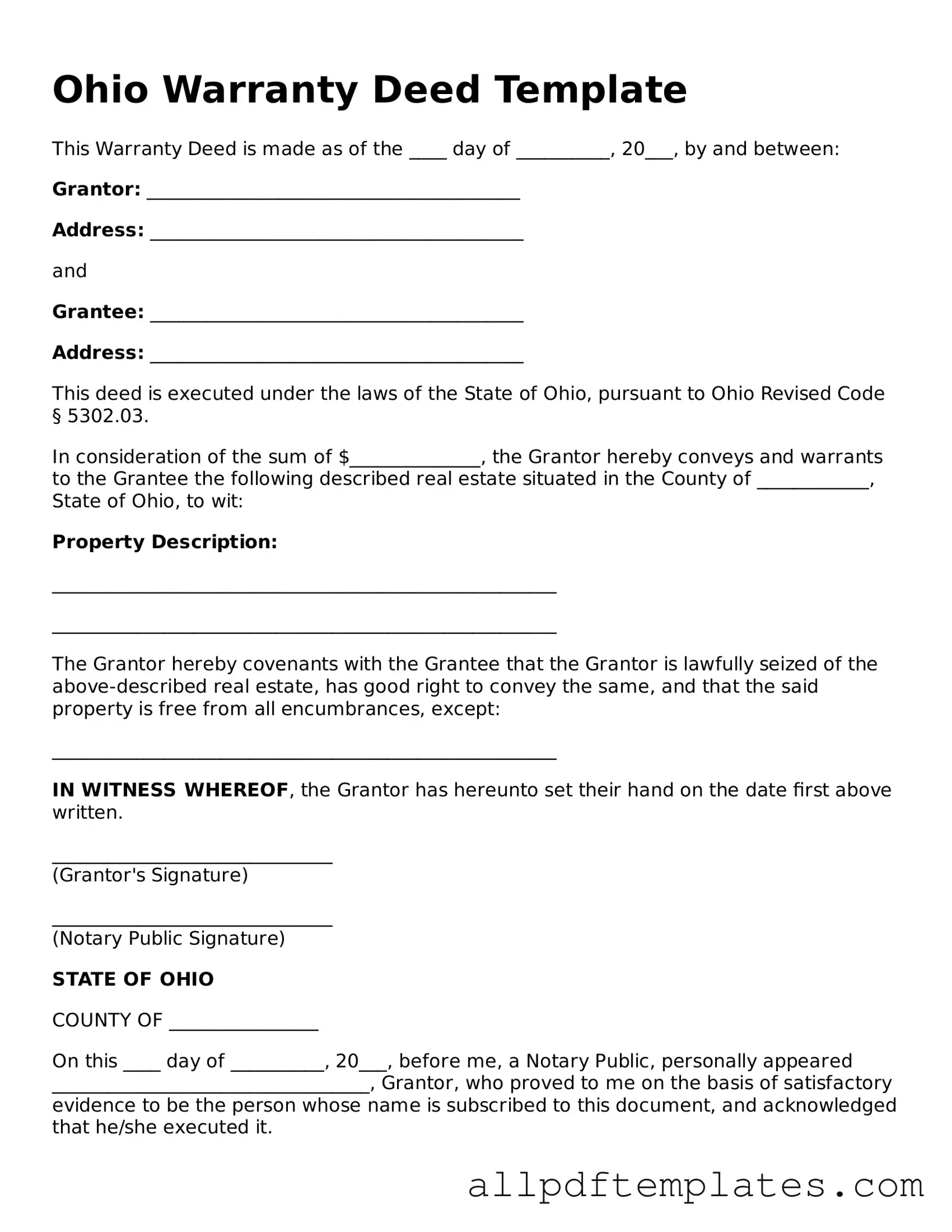 Blank Deed Document for Ohio State