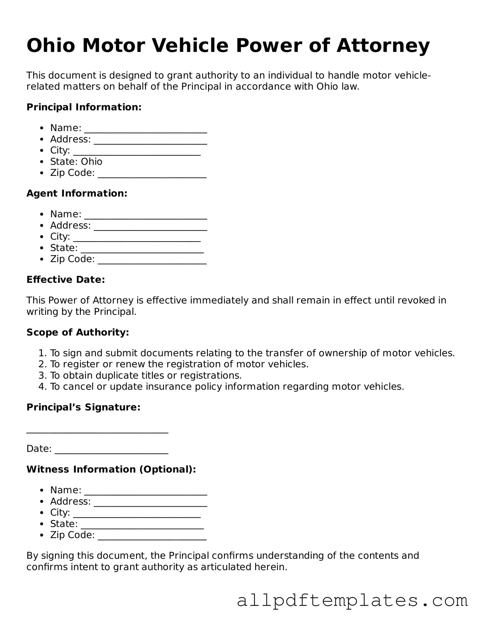Blank Motor Vehicle Power of Attorney Document for Ohio State