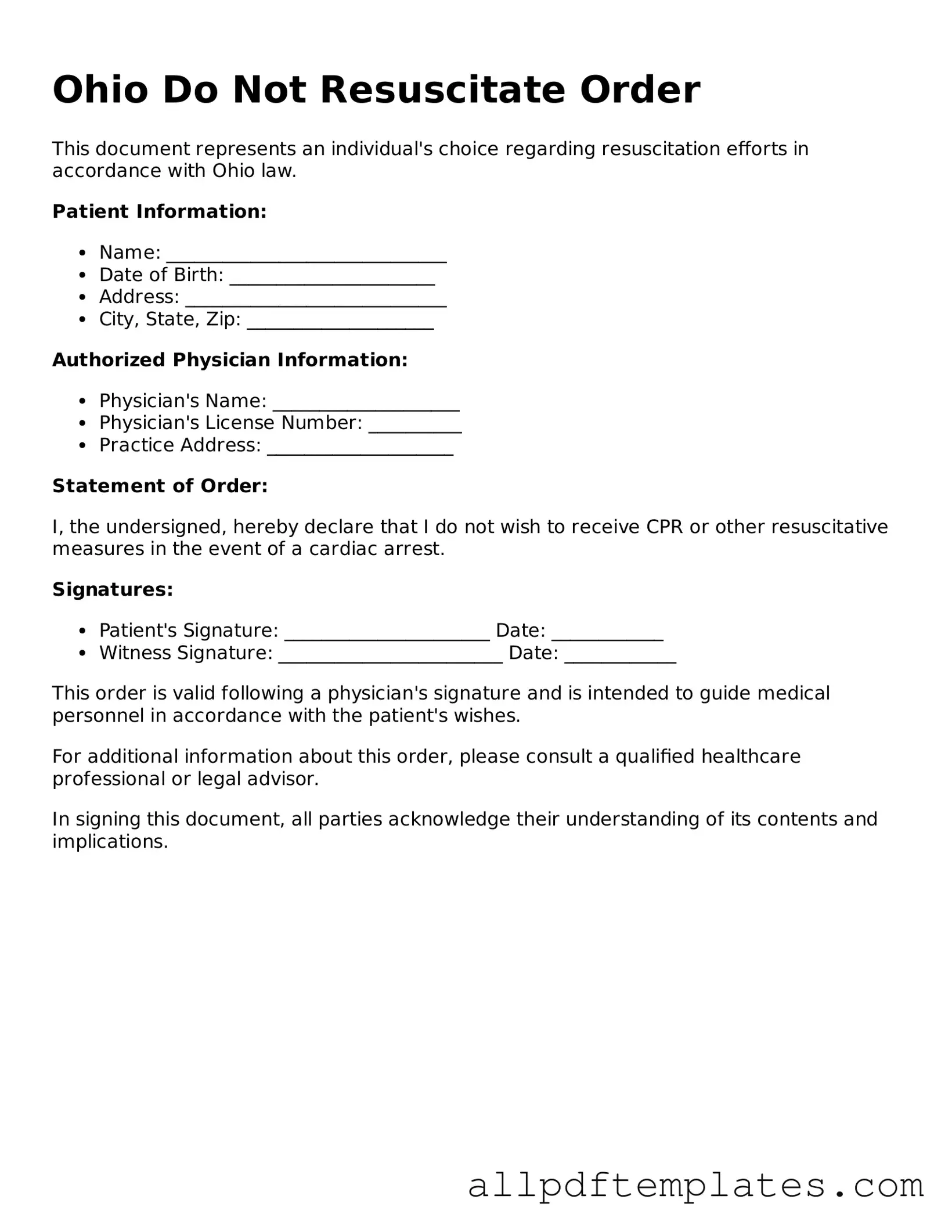 Blank Do Not Resuscitate Order Document for Ohio State