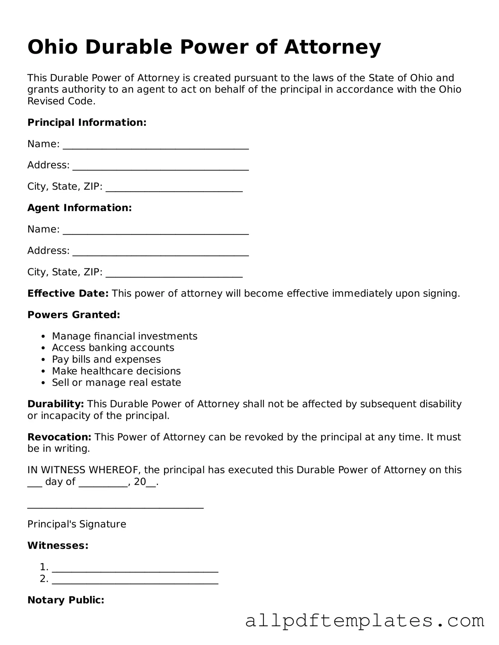 Blank Durable Power of Attorney Document for Ohio State
