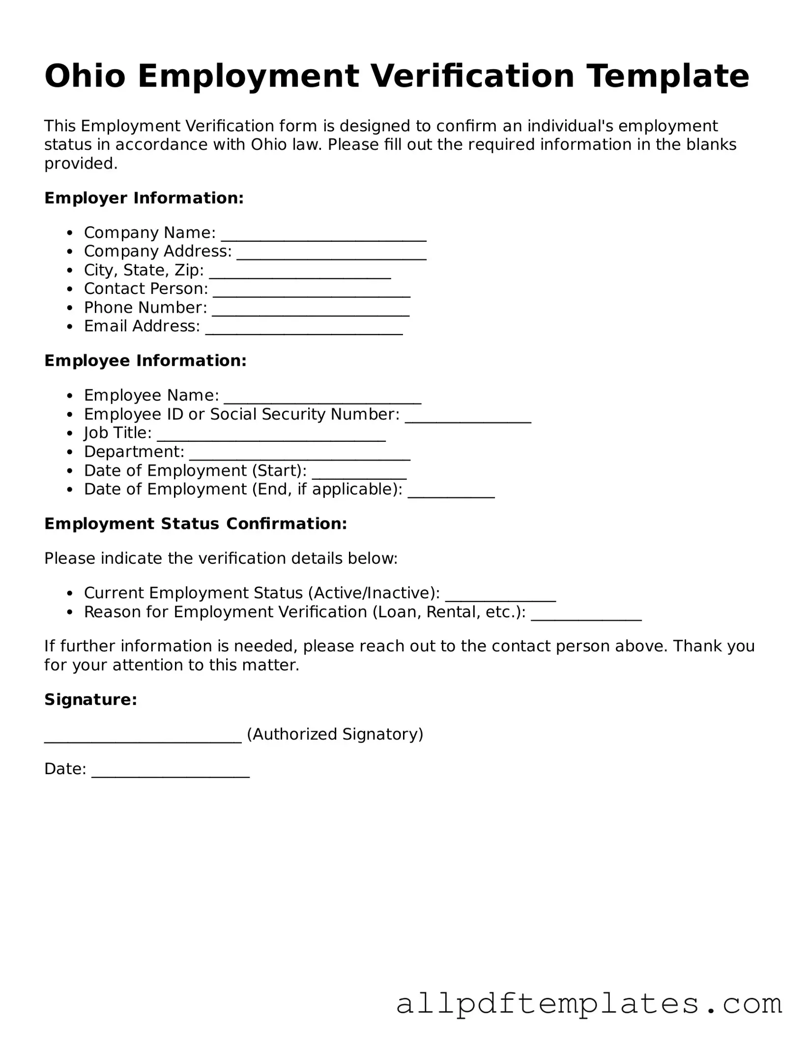 Blank Employment Verification Document for Ohio State