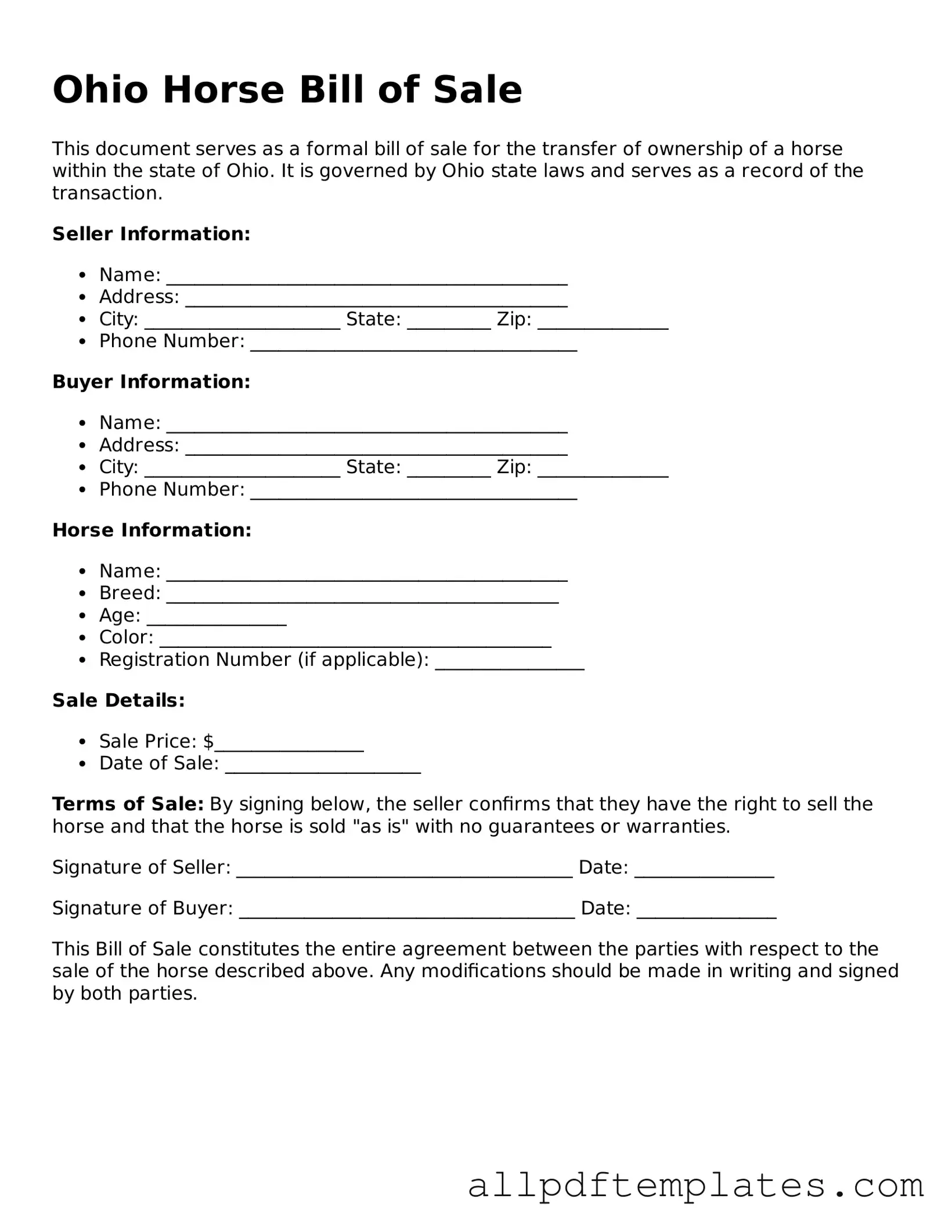 Blank Horse Bill of Sale Document for Ohio State