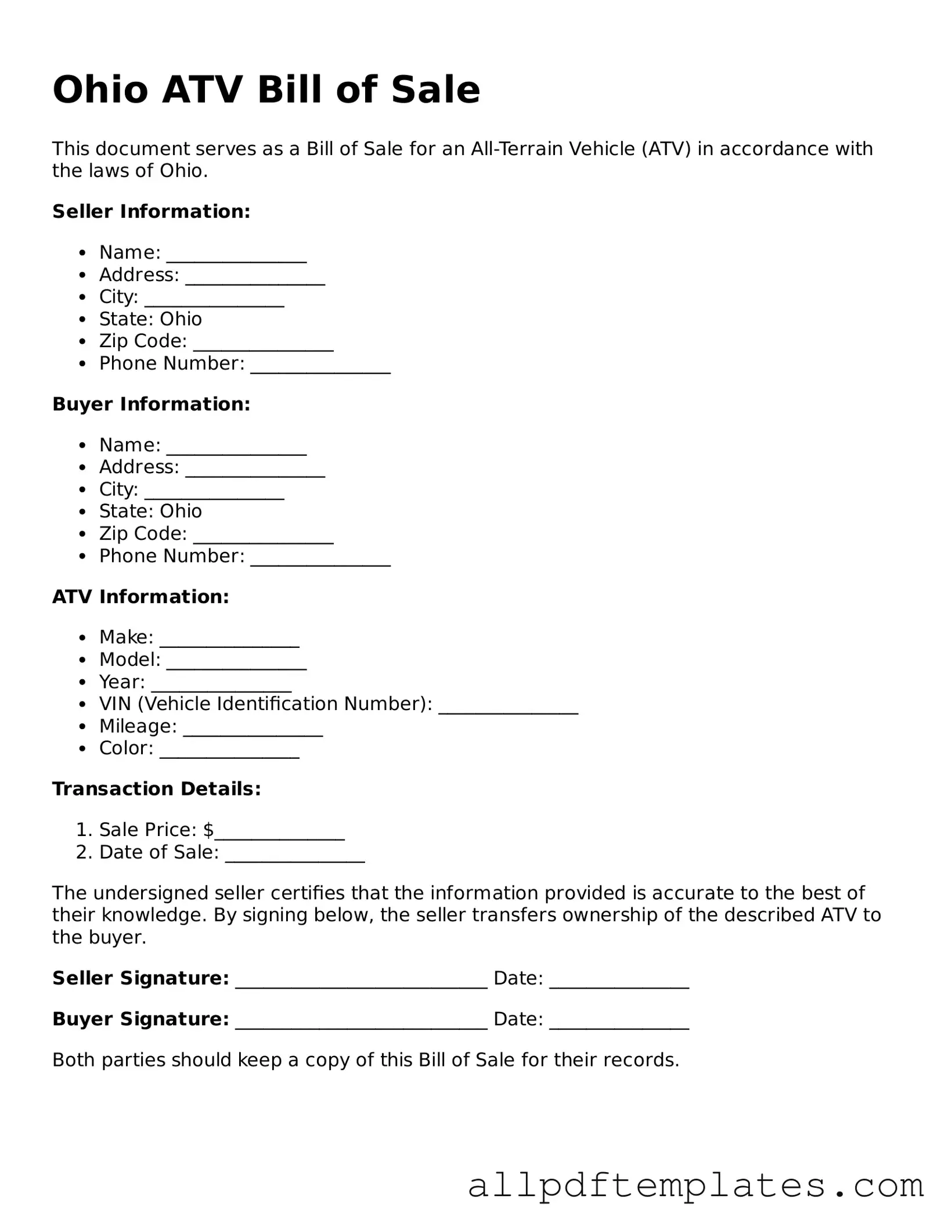 Blank ATV Bill of Sale Document for Ohio State