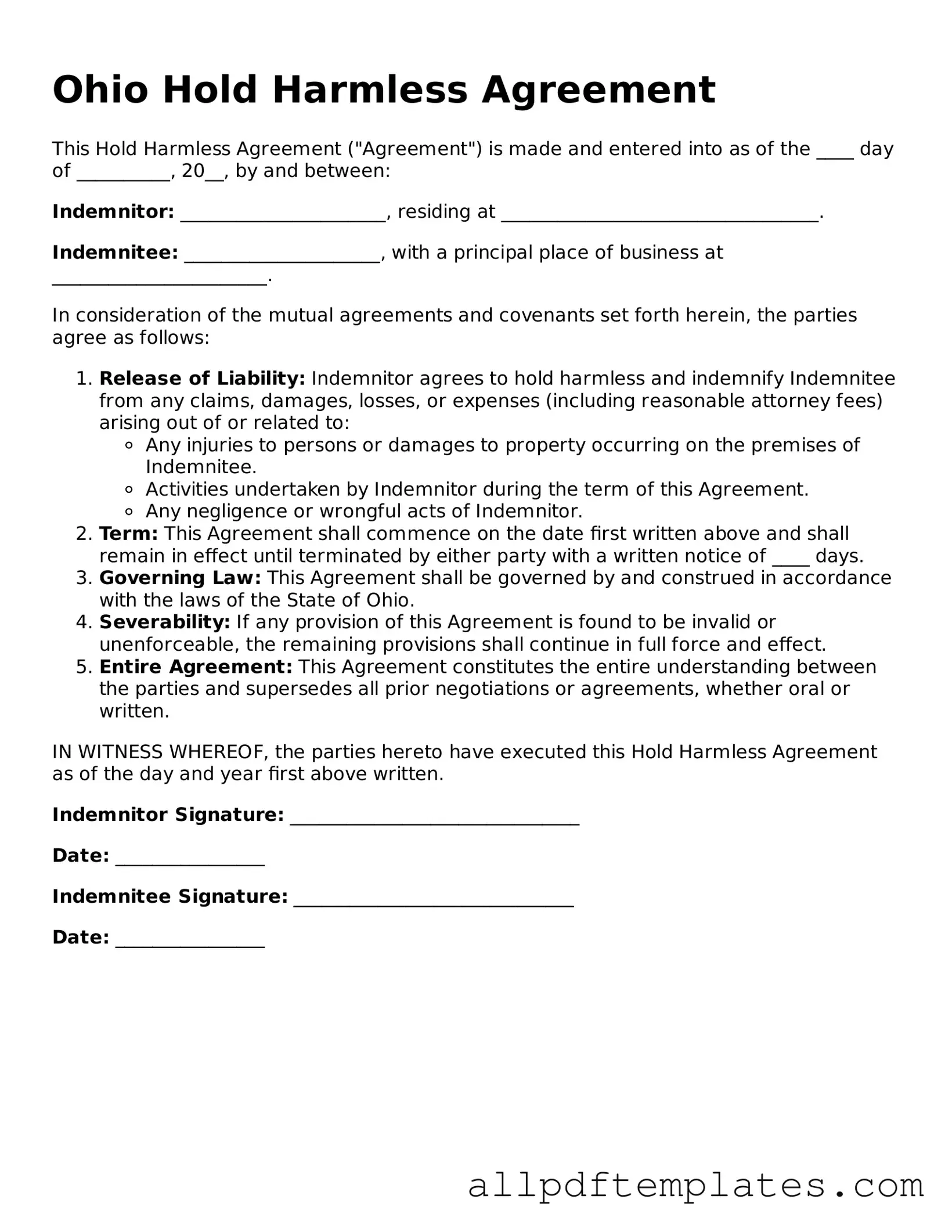 Blank Hold Harmless Agreement Document for Ohio State
