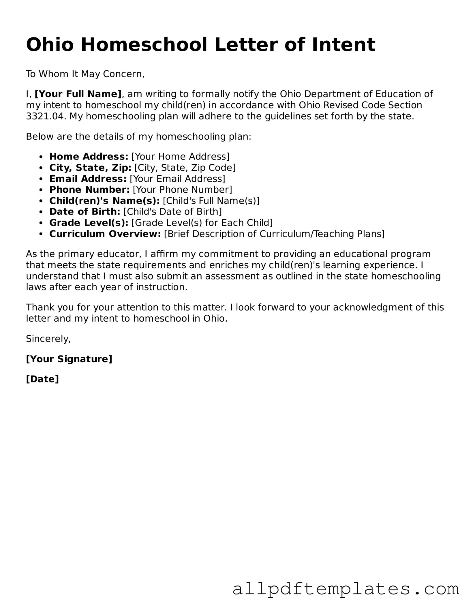 Blank Homeschool Letter of Intent Document for Ohio State