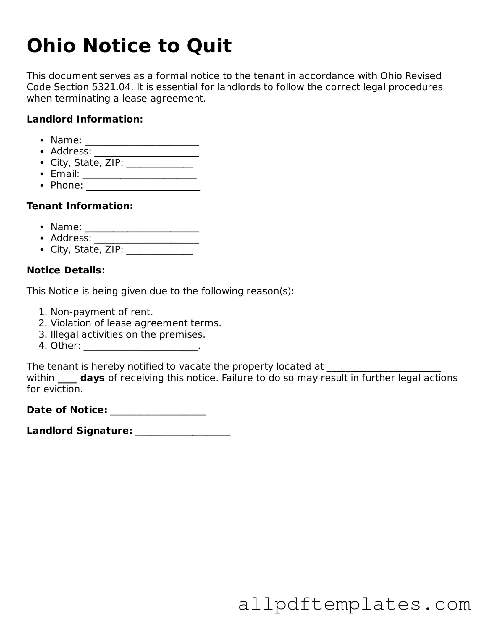 Blank Notice to Quit Document for Ohio State