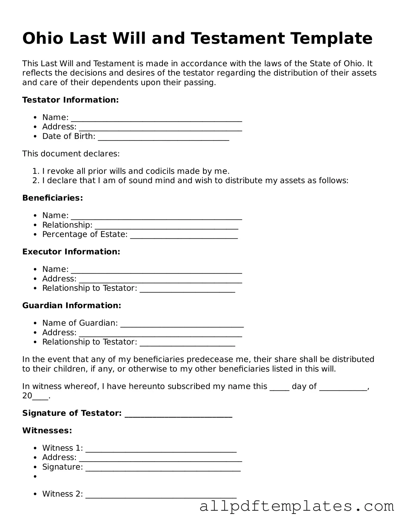 Blank Last Will and Testament Document for Ohio State