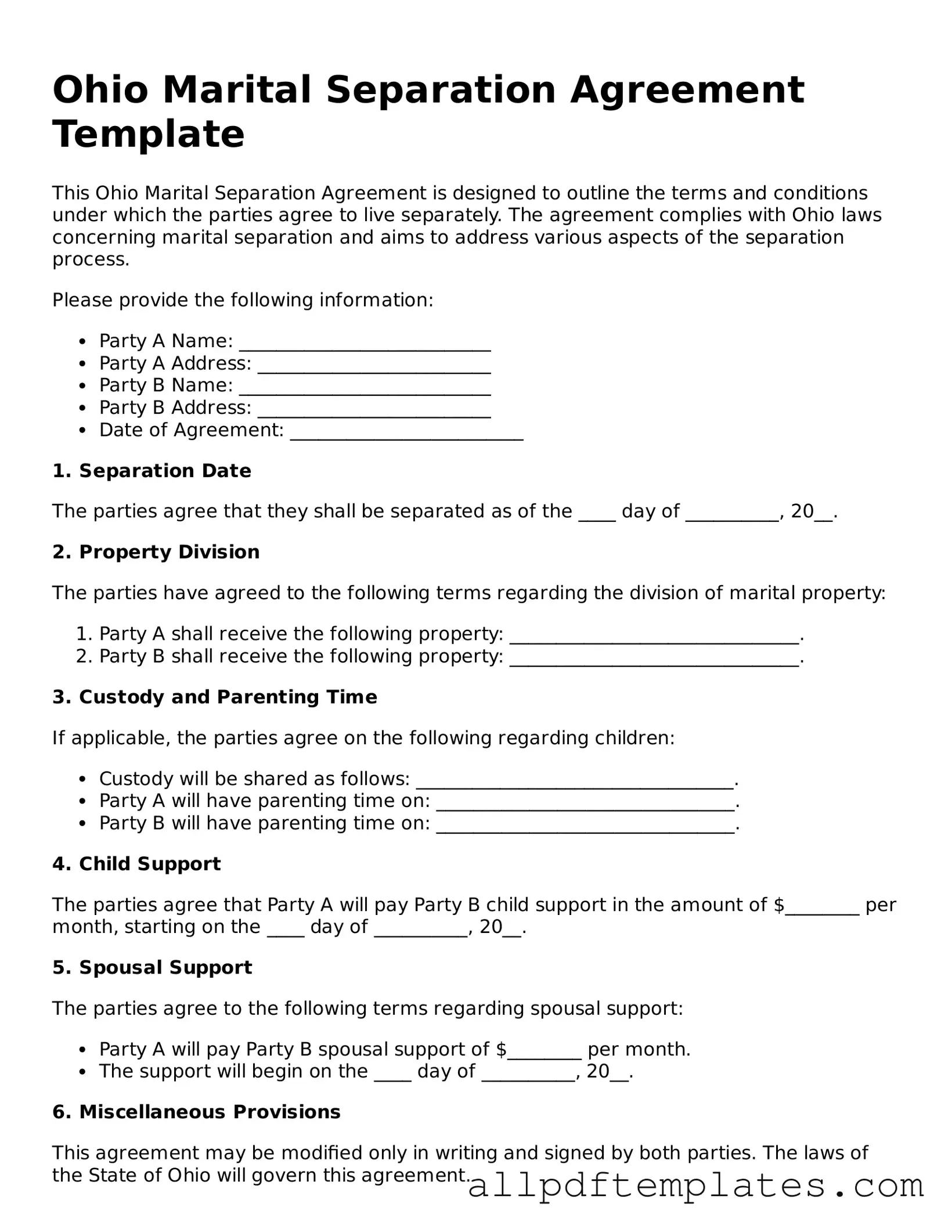 Blank Marital Separation Agreement Document for Ohio State