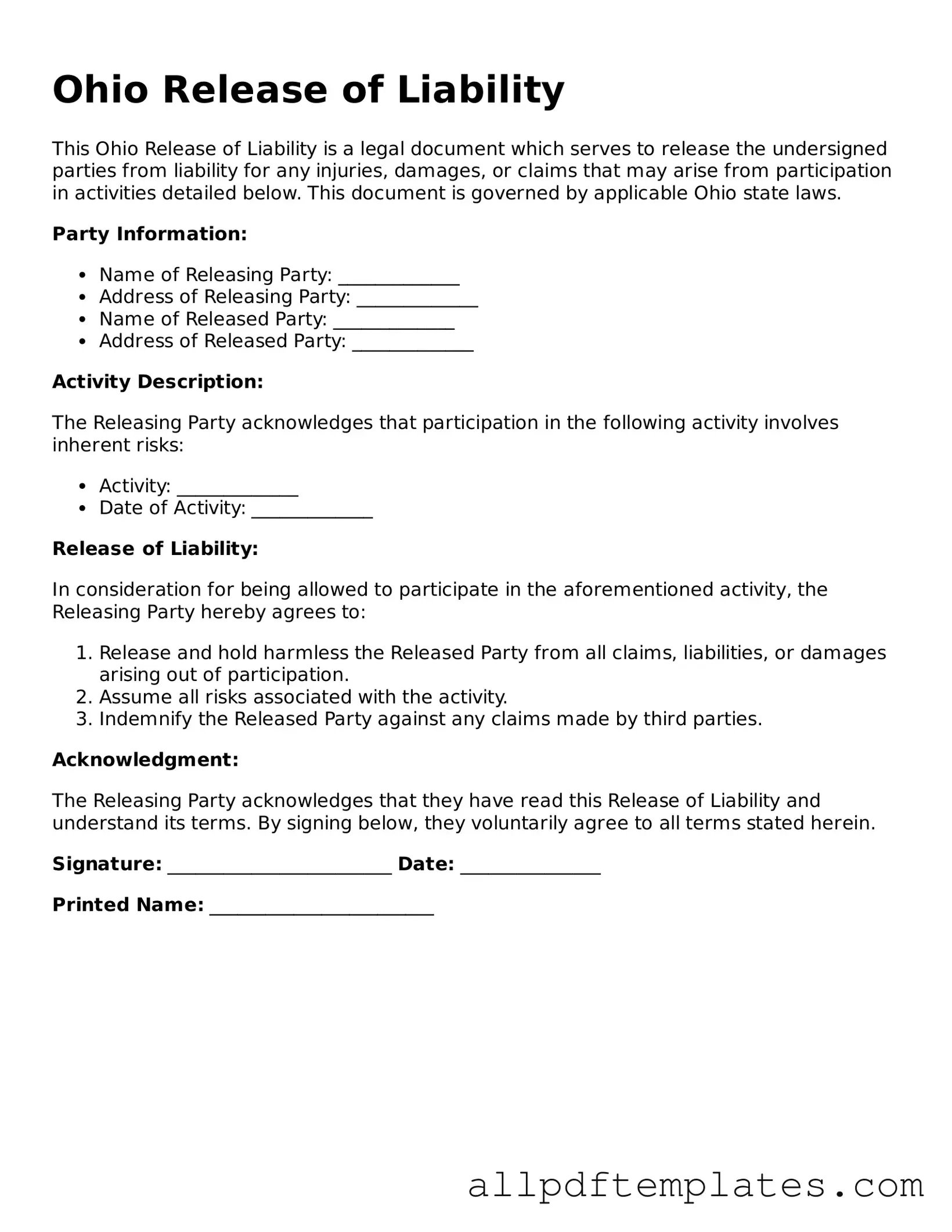 Blank Release of Liability Document for Ohio State