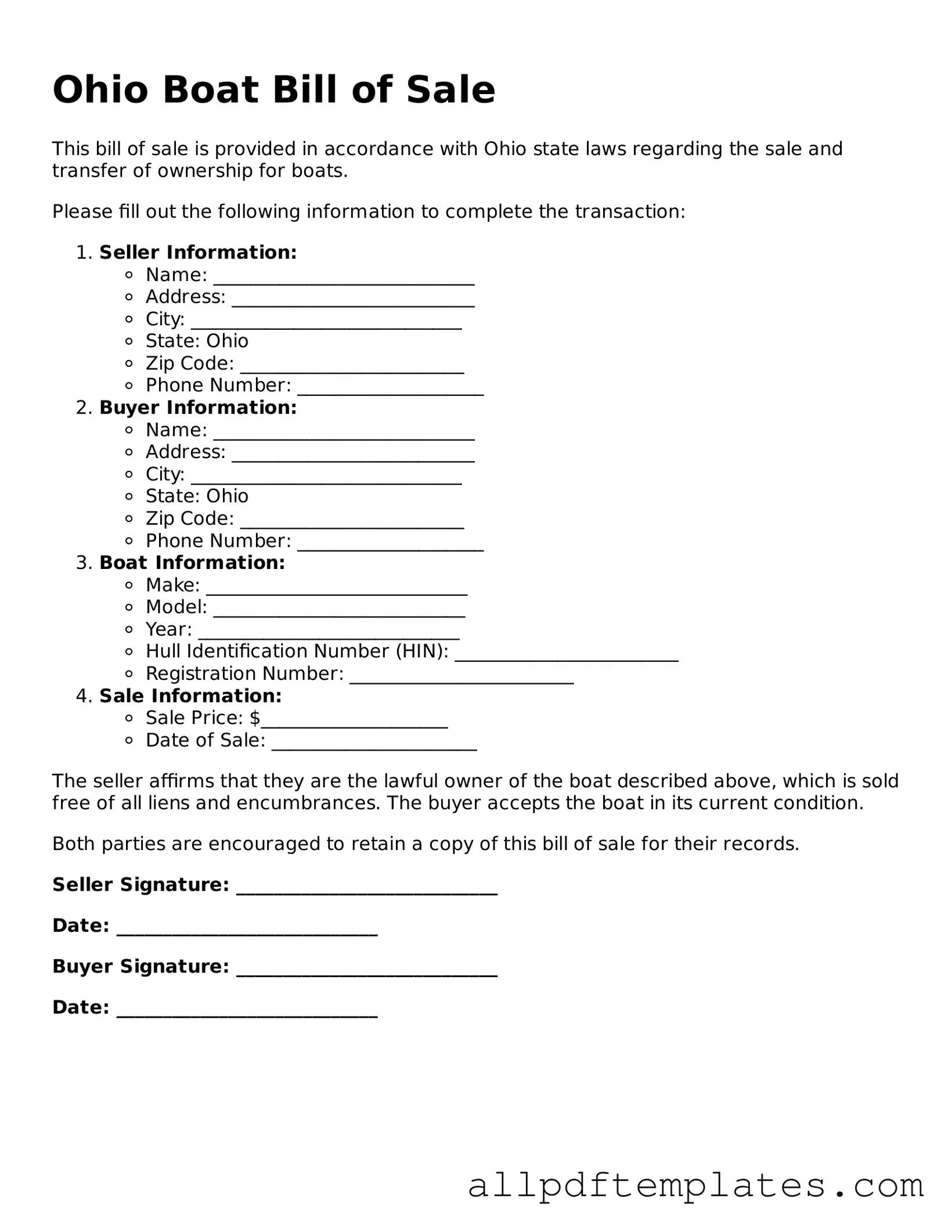 Blank Boat Bill of Sale Document for Ohio State