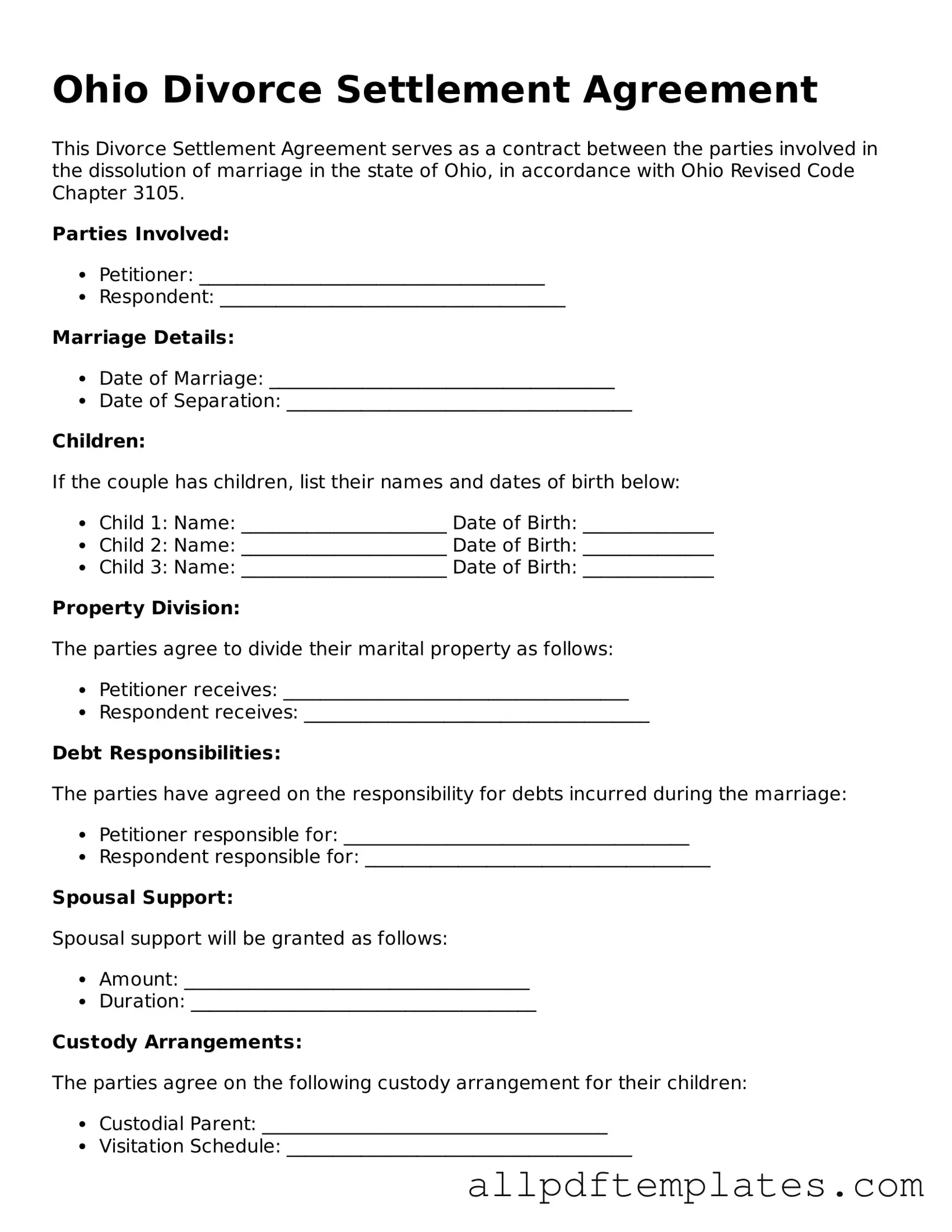 Blank Divorce Settlement Agreement Document for Ohio State
