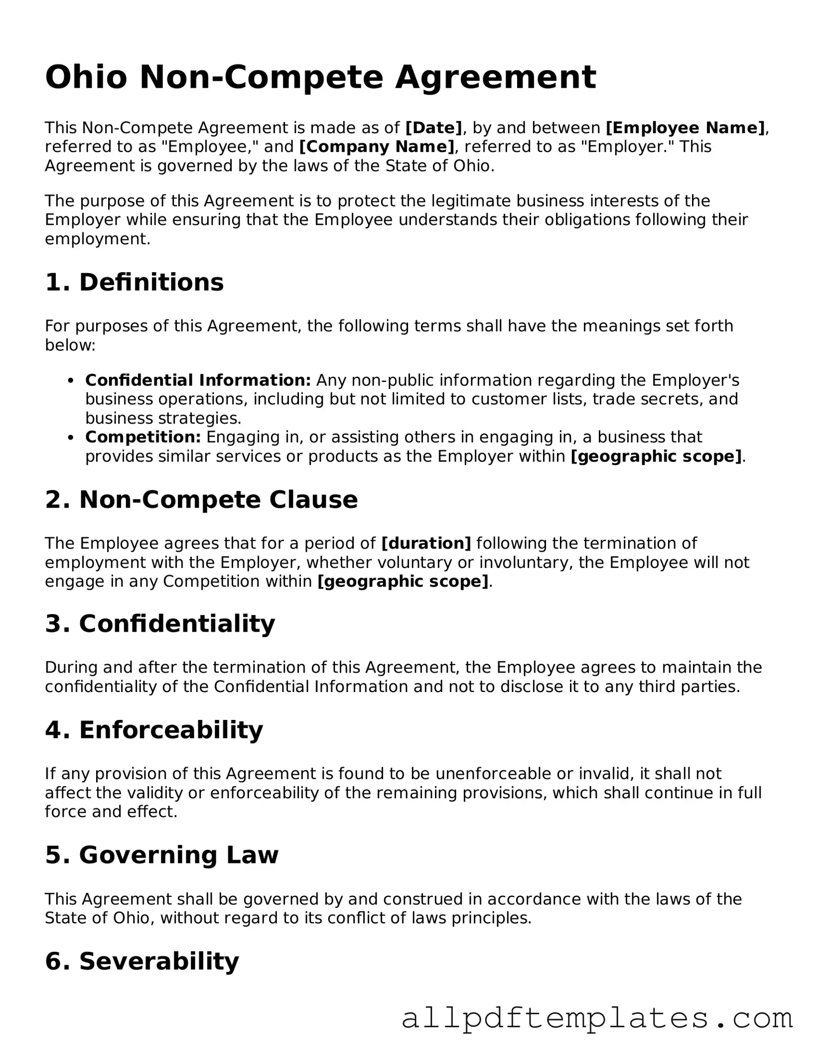 Blank Non-compete Agreement Document for Ohio State