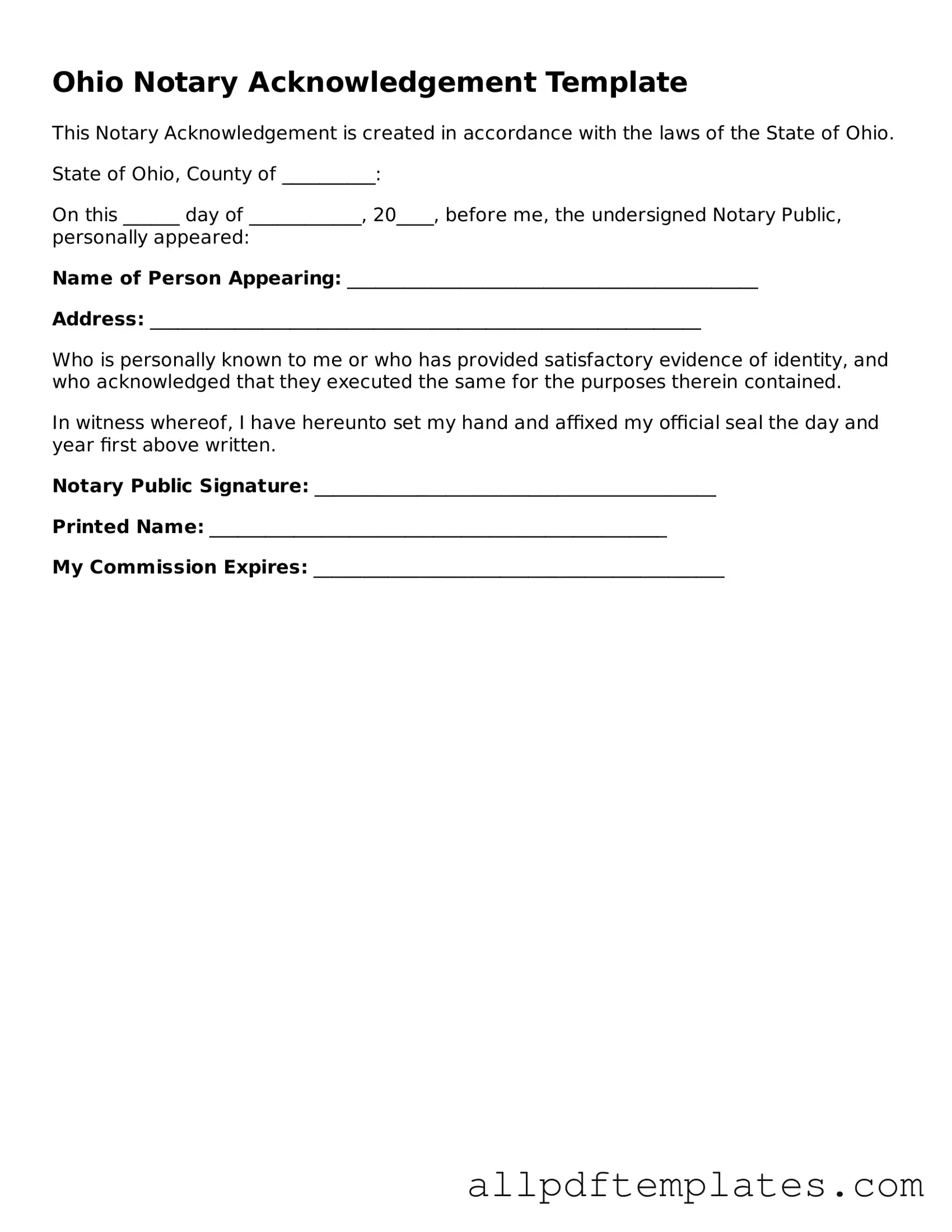 Blank Notary Acknowledgement Document for Ohio State