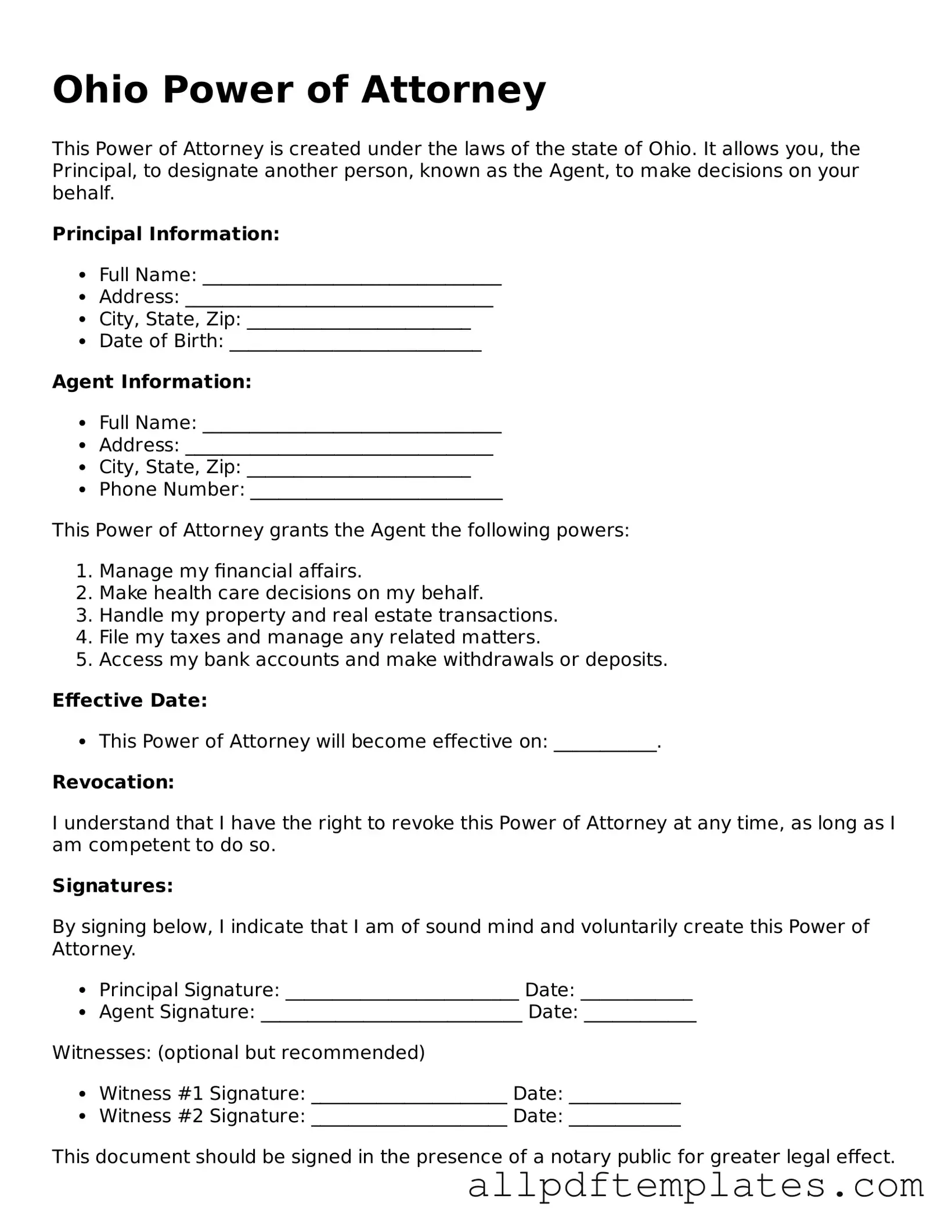 Blank Power of Attorney Document for Ohio State