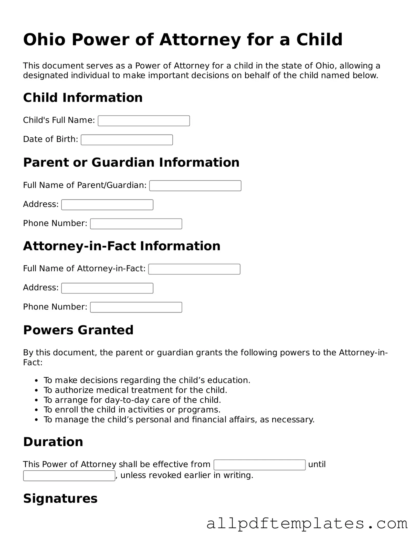 Blank Power of Attorney for a Child Document for Ohio State