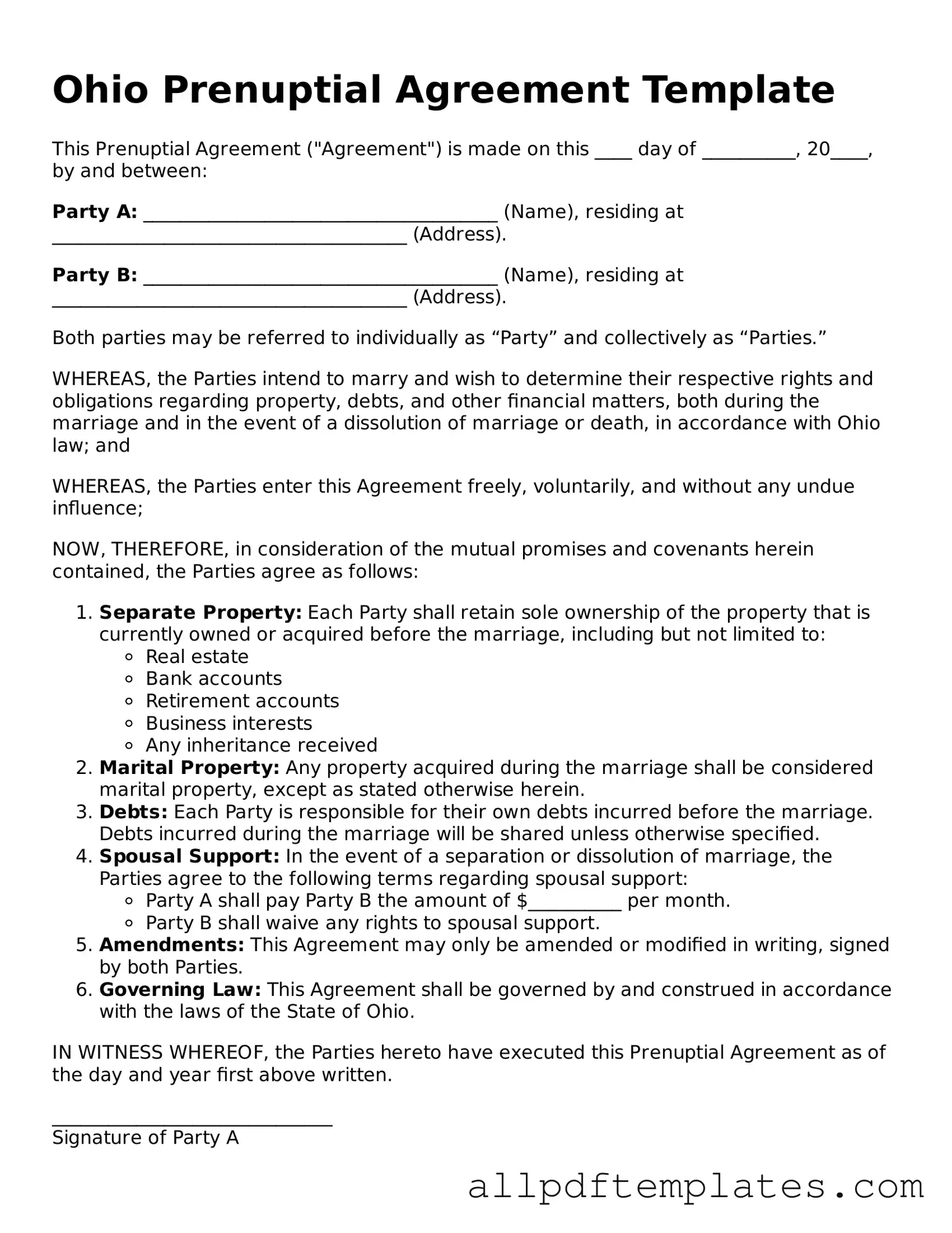 Blank Prenuptial Agreement Document for Ohio State