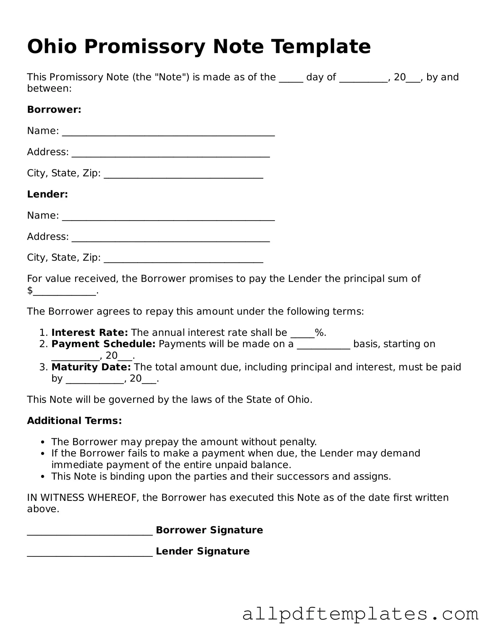 Blank Promissory Note Document for Ohio State