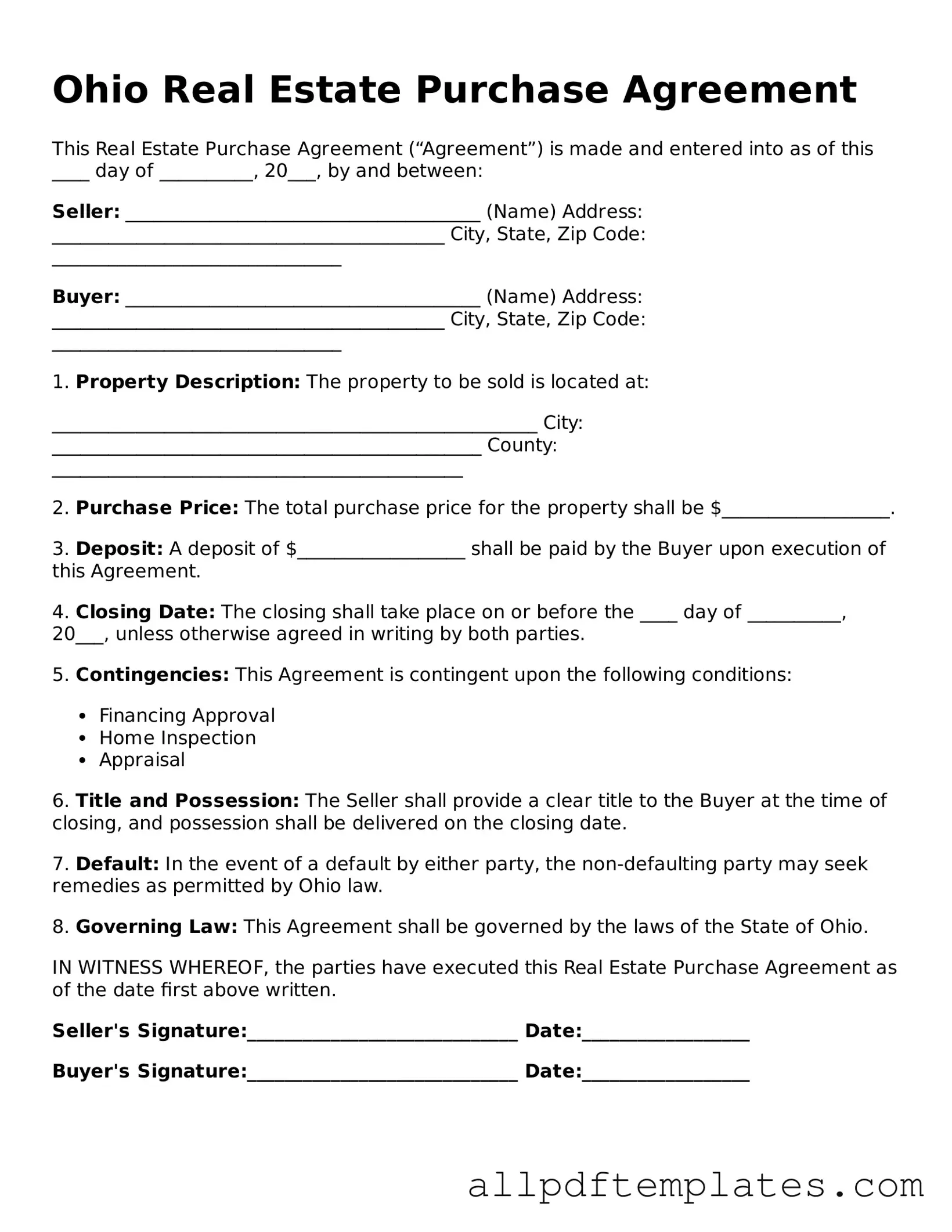 Blank Real Estate Purchase Agreement Document for Ohio State