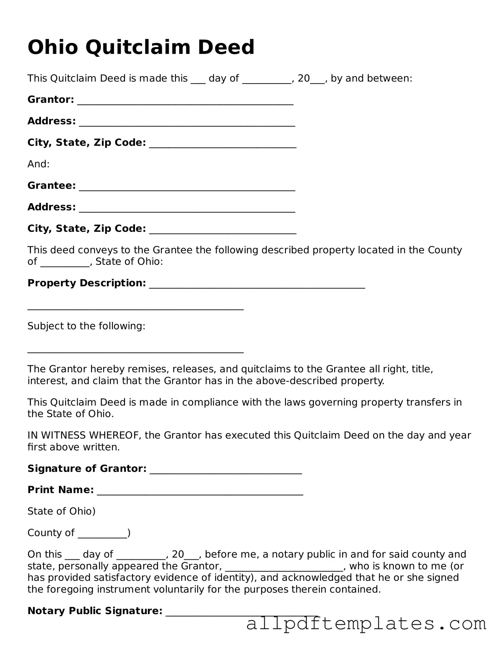 Blank Quitclaim Deed Document for Ohio State