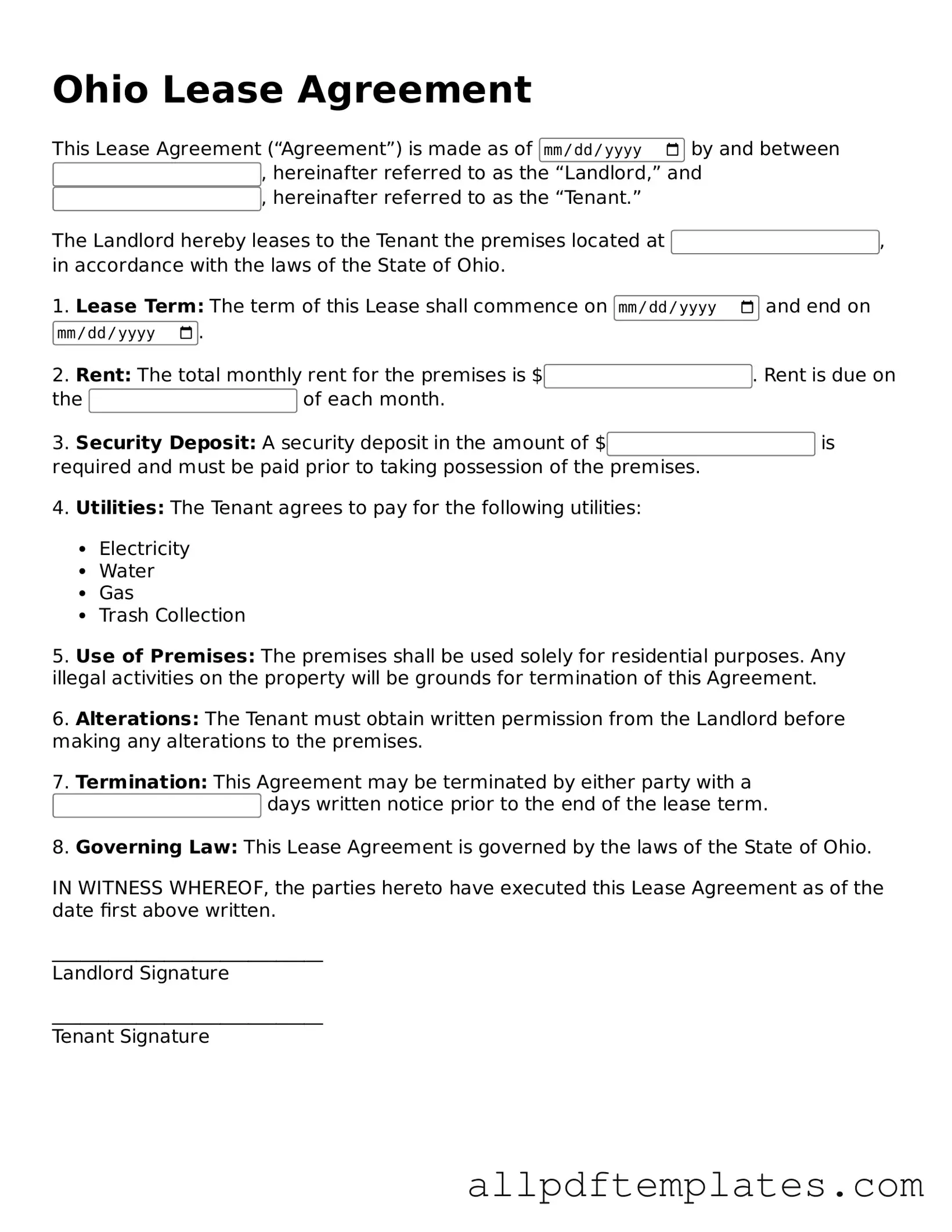 Blank Lease Agreement Document for Ohio State