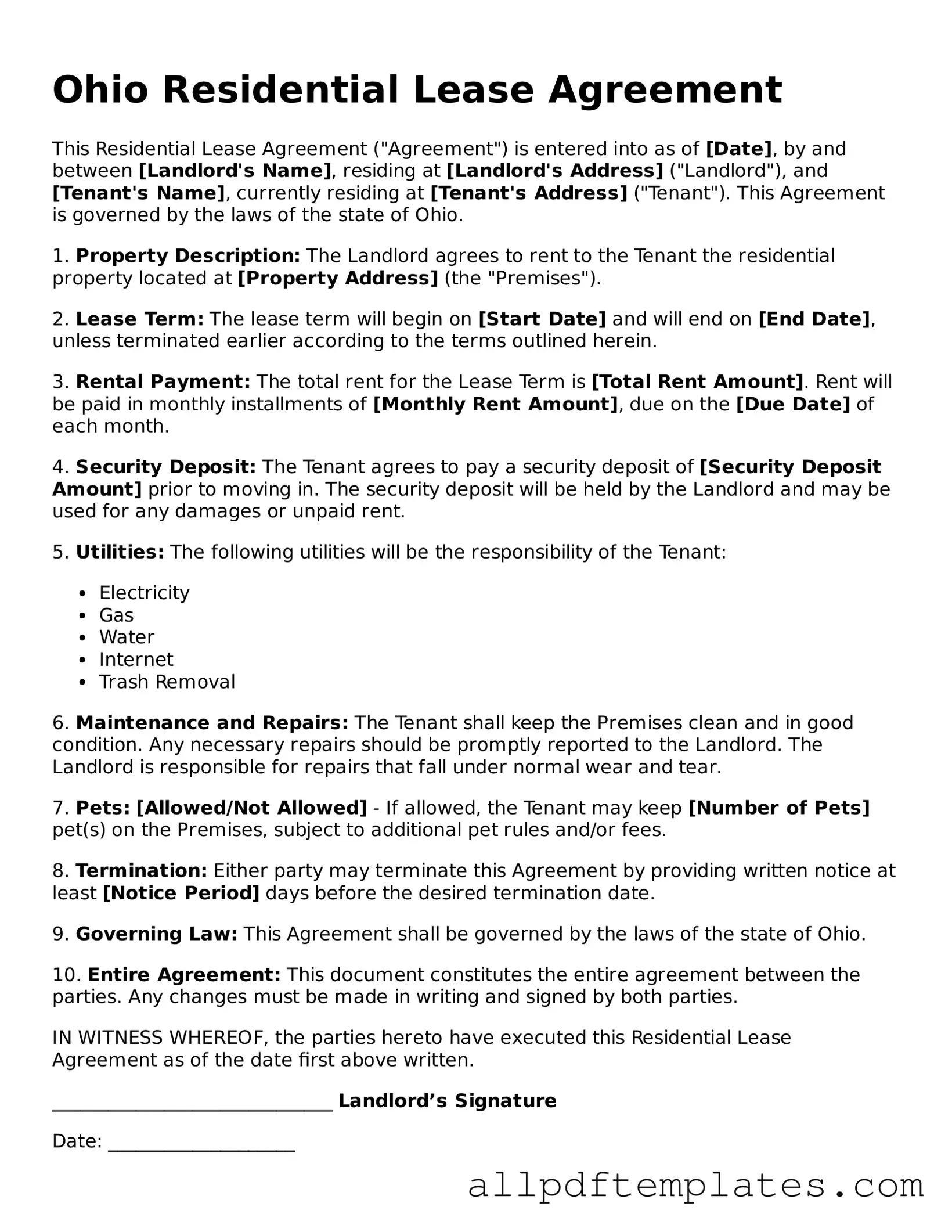 Blank Residential Lease Agreement Document for Ohio State