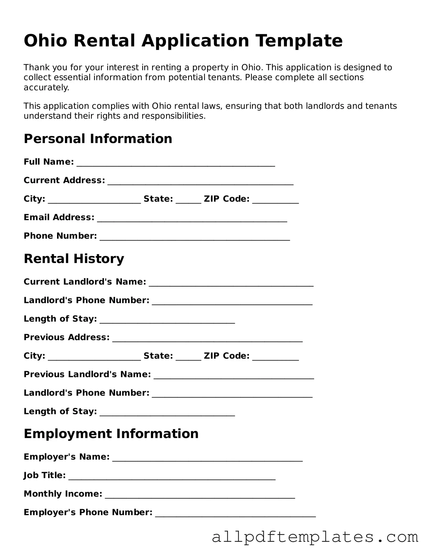 Blank Rental Application Document for Ohio State