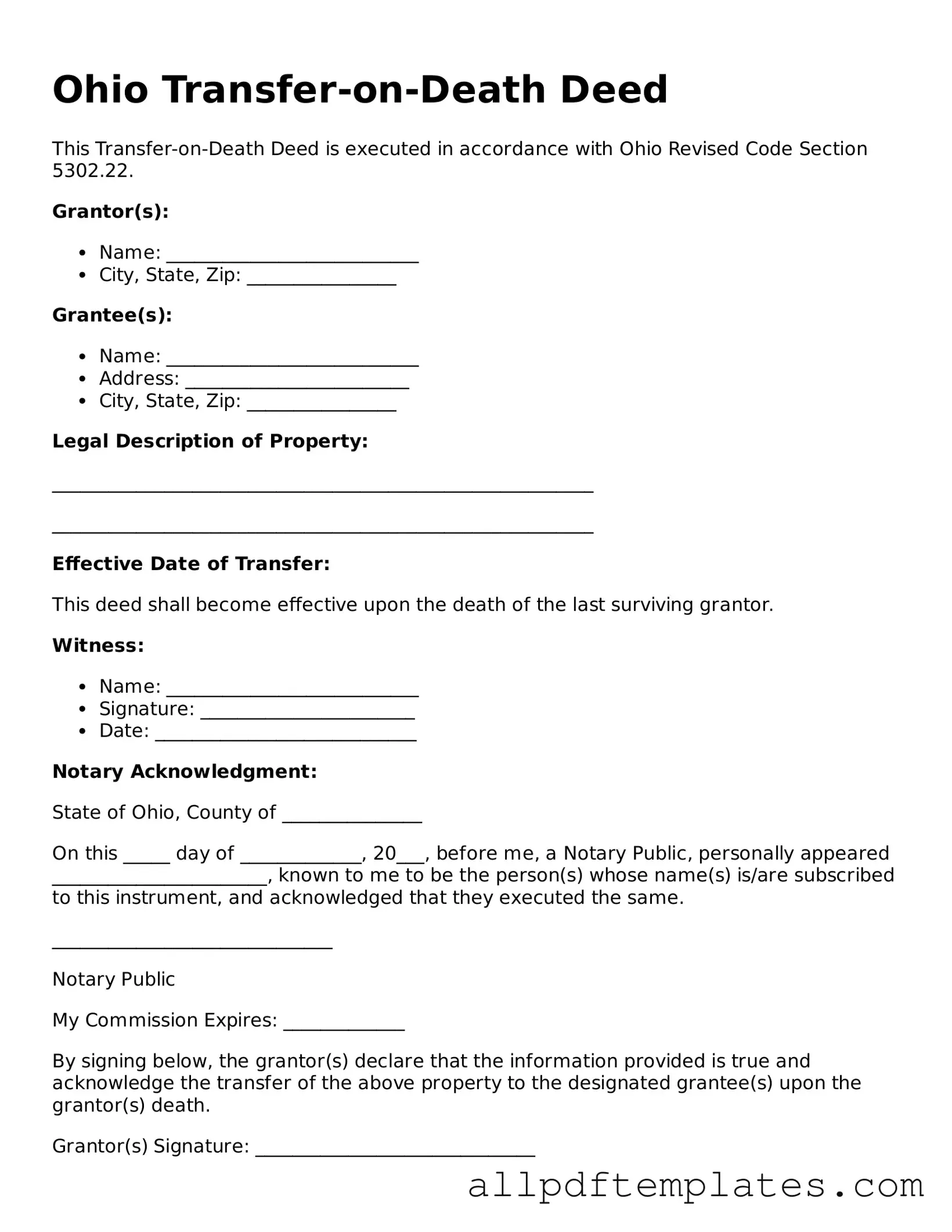 Blank Transfer-on-Death Deed Document for Ohio State