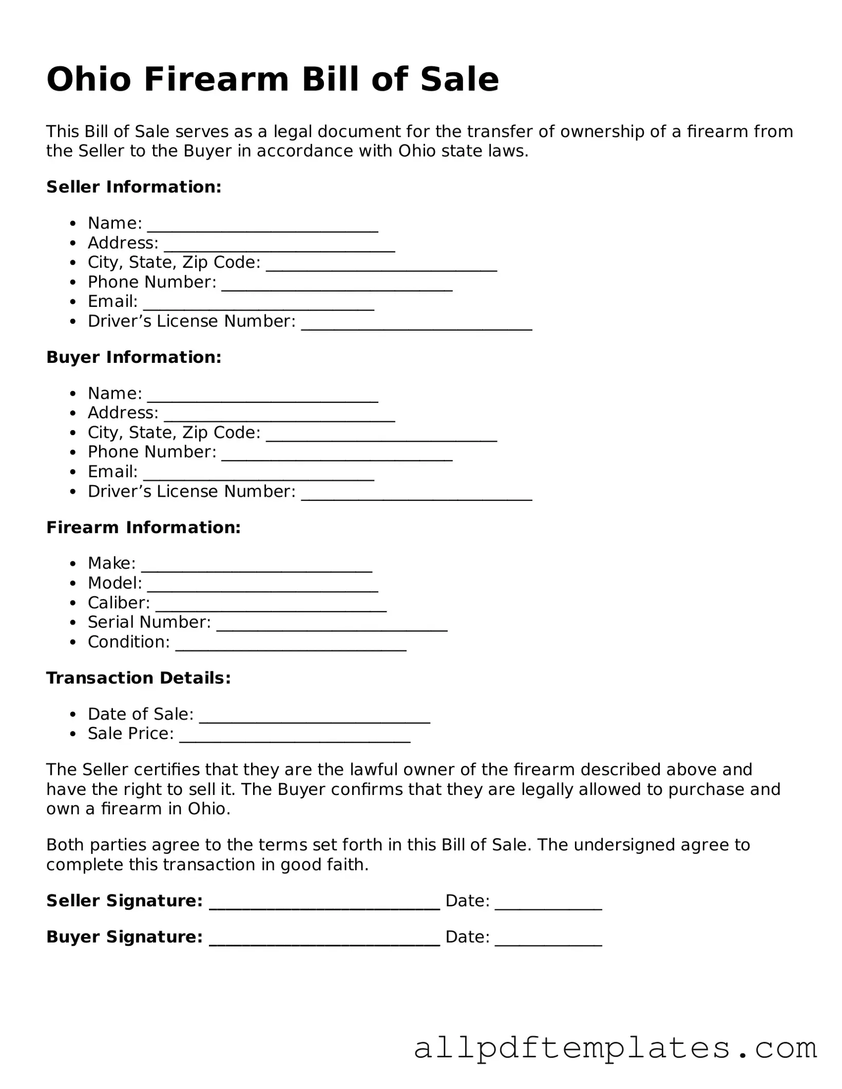 Blank Firearm Bill of Sale Document for Ohio State