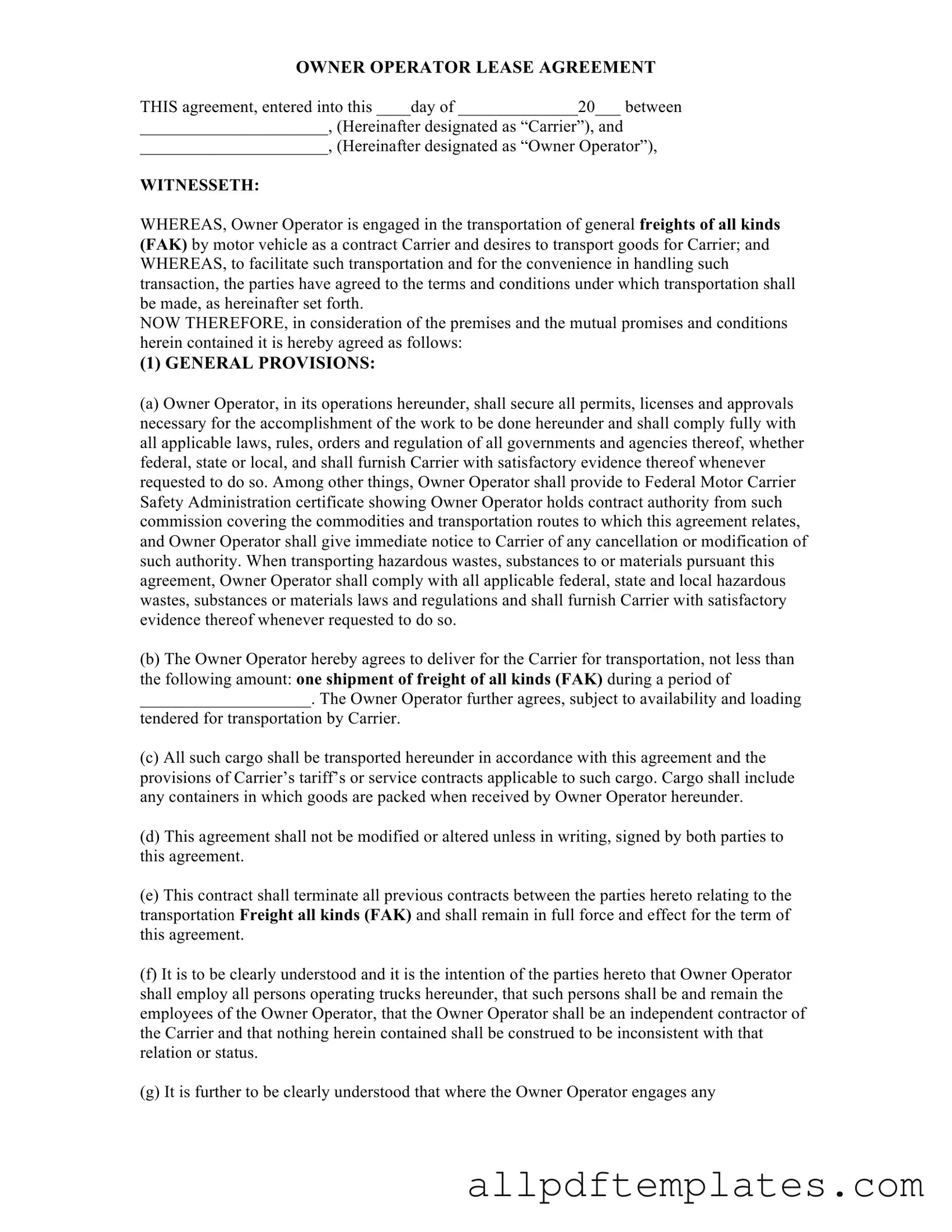 Get Owner Operator Lease Agreement Form in PDF