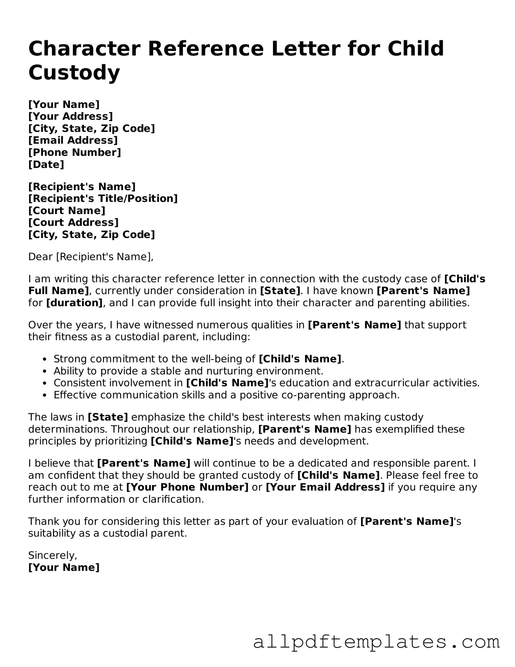 Free Character Reference Letter for Child Custody Template