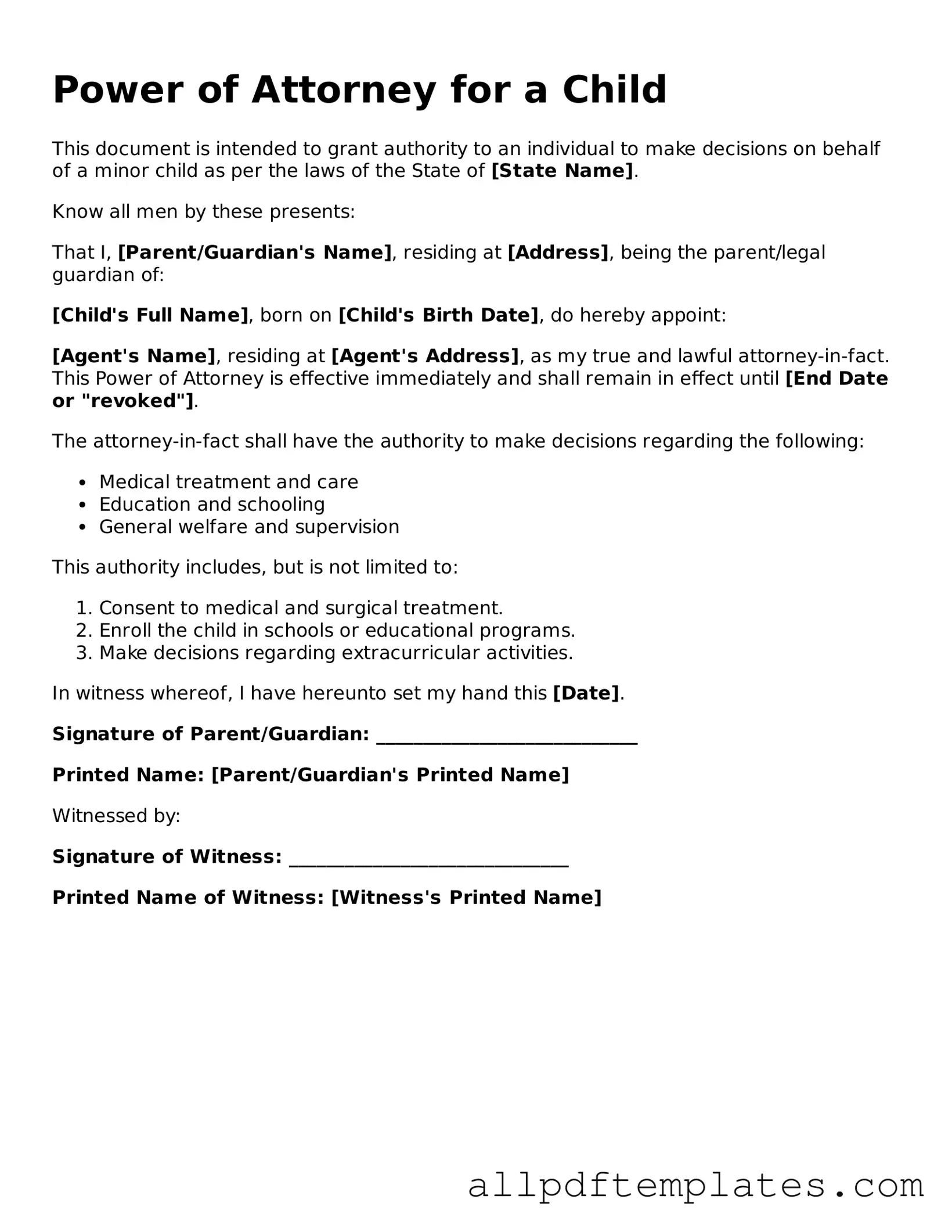 Free Power of Attorney for a Child Template