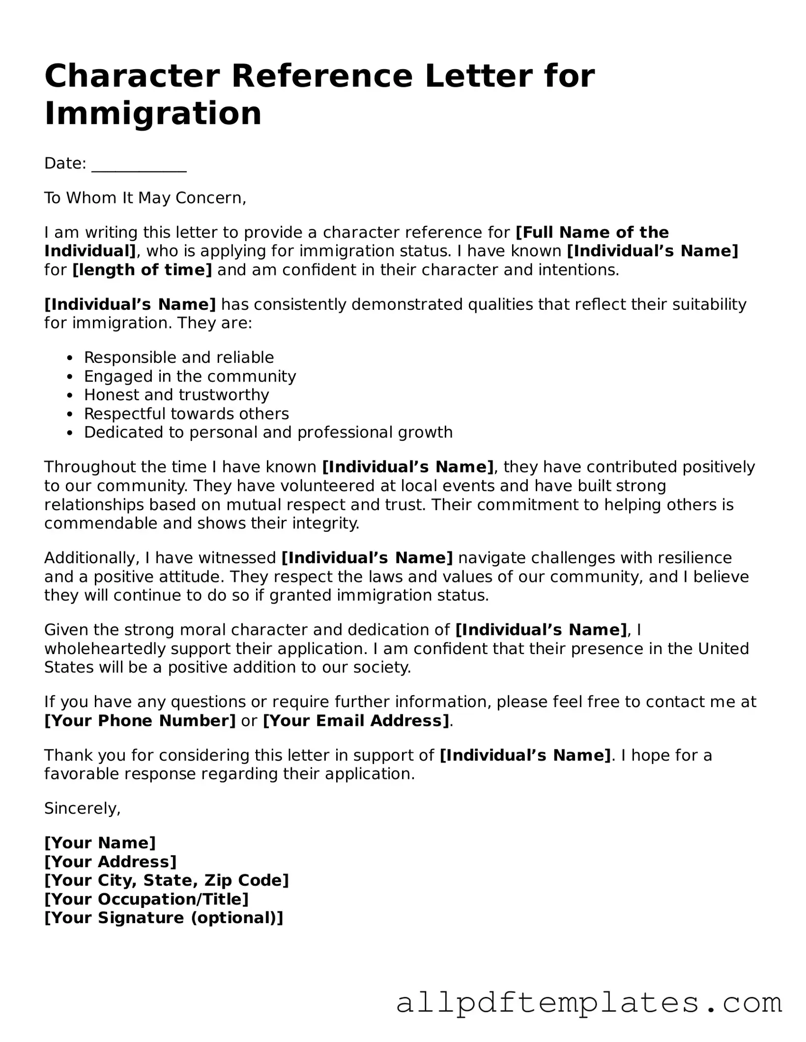 Free Character Reference Letter for Immigration Template