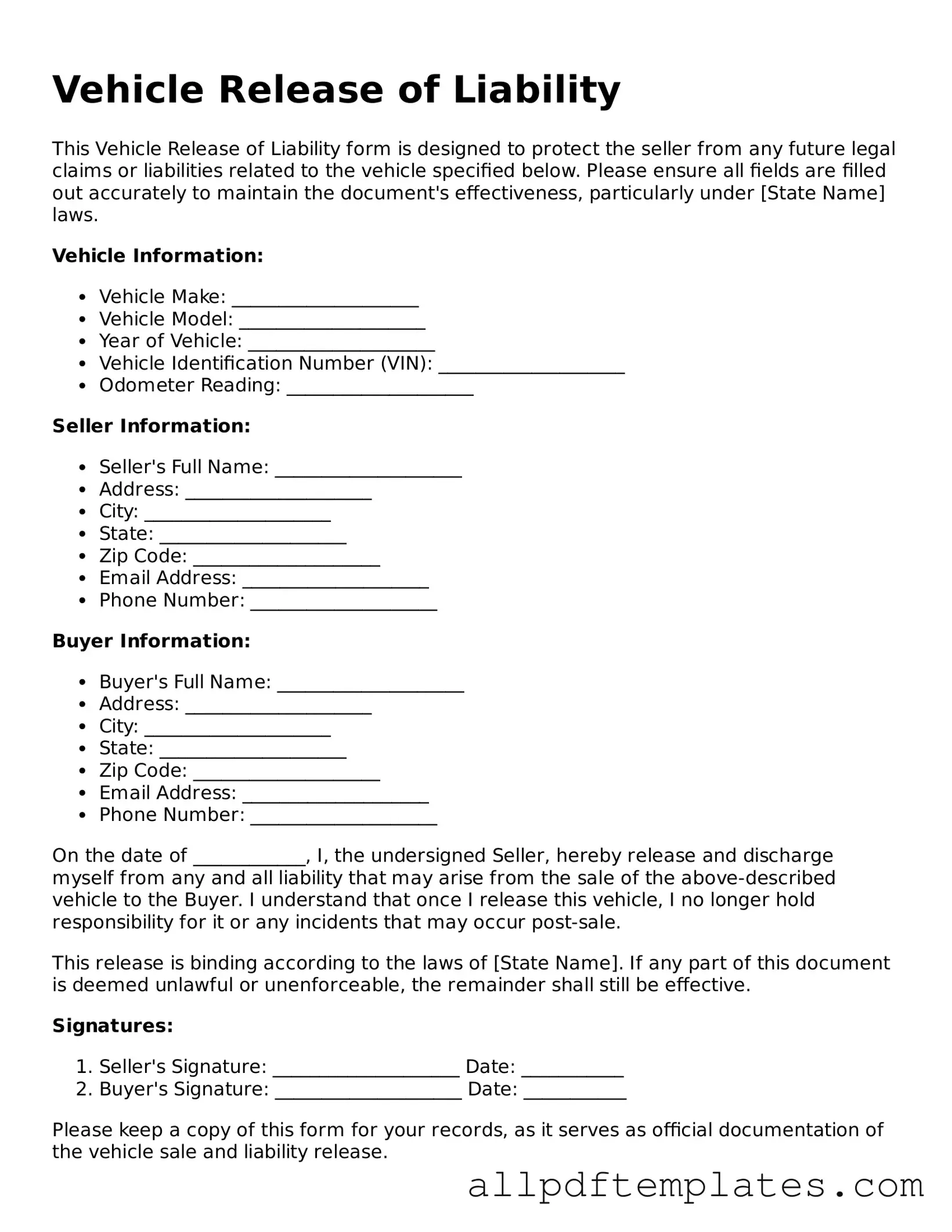 Free Vehicle Release of Liability Template