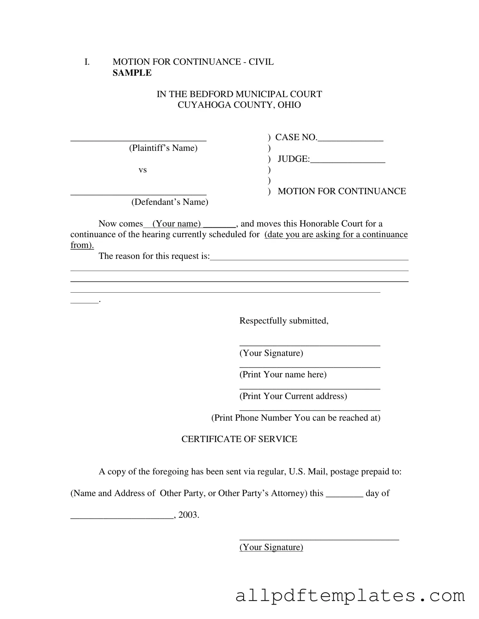 Get Motion For Continuance Form in PDF