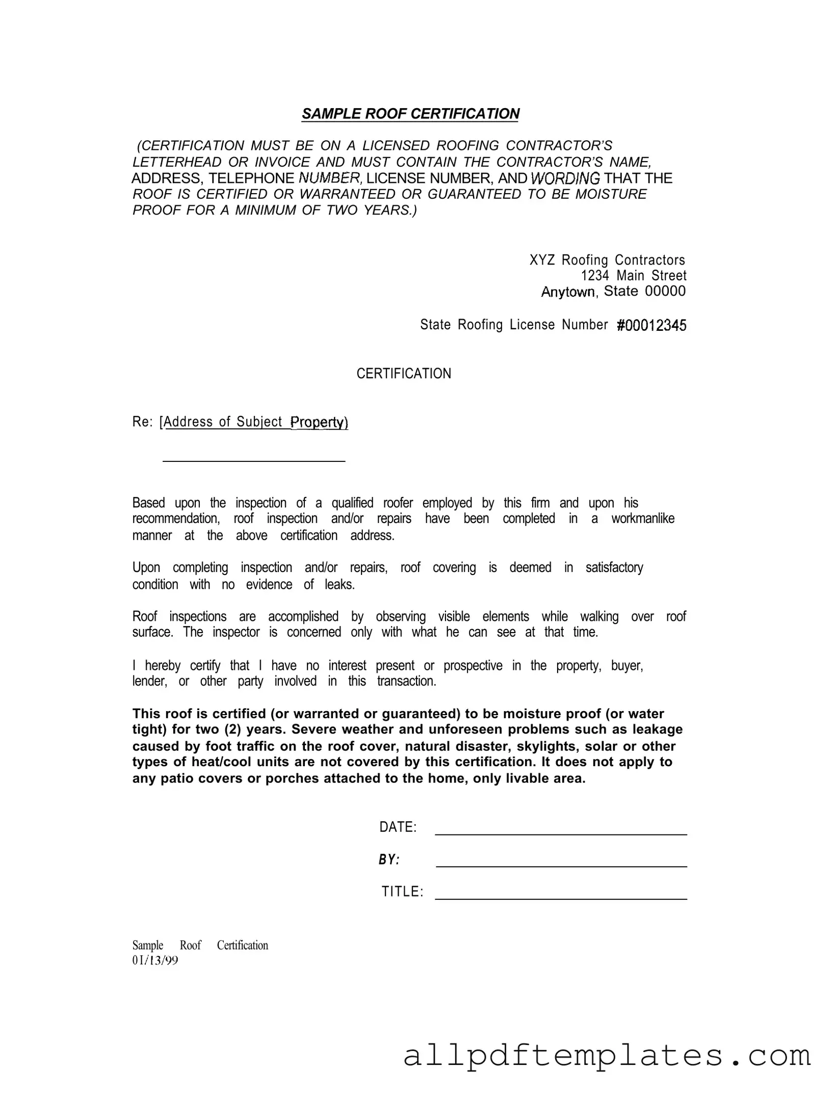 Get Sample Roof Certification Form in PDF