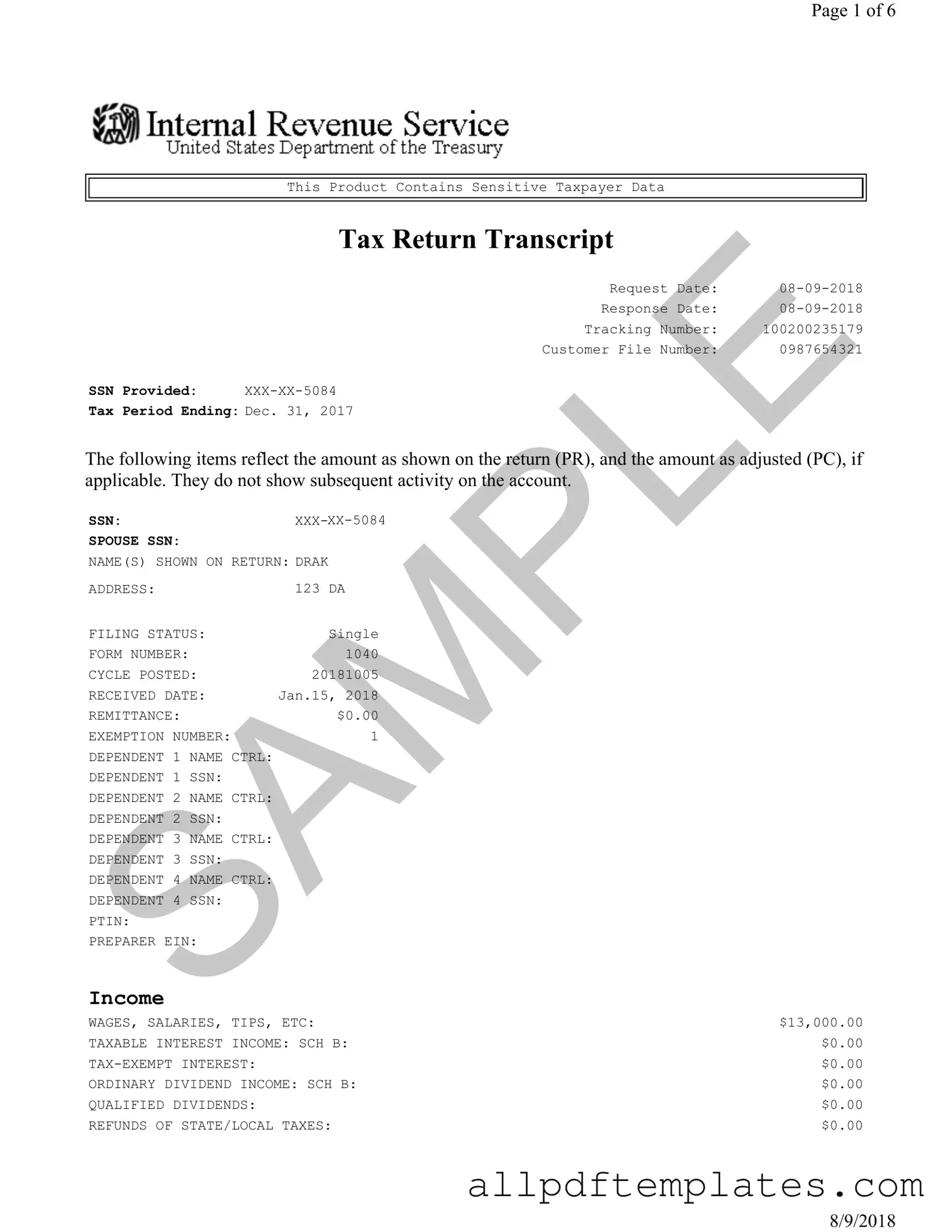 Get Sample Tax Return Transcript Form in PDF