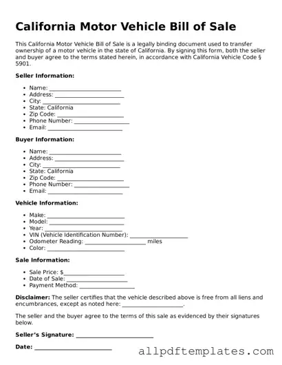 Blank Motor Vehicle Bill of Sale Document for California State