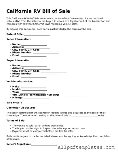 Blank RV Bill of Sale Document for California State