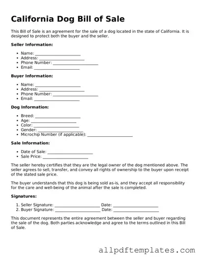 Blank Dog Bill of Sale Document for California State
