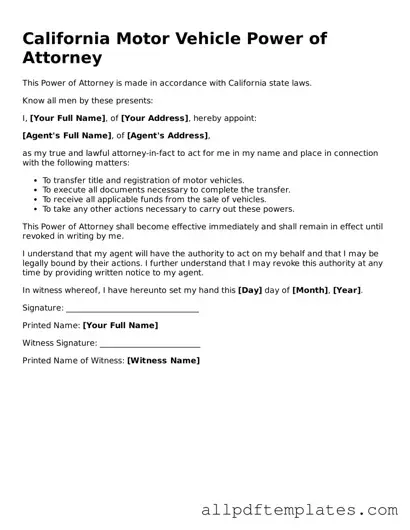 Blank Motor Vehicle Power of Attorney Document for California State