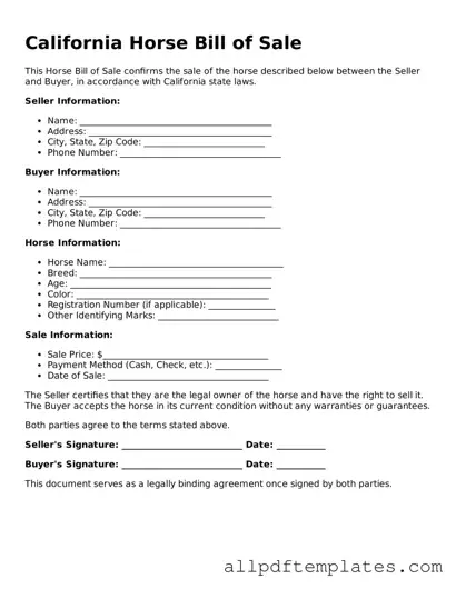 Blank Horse Bill of Sale Document for California State
